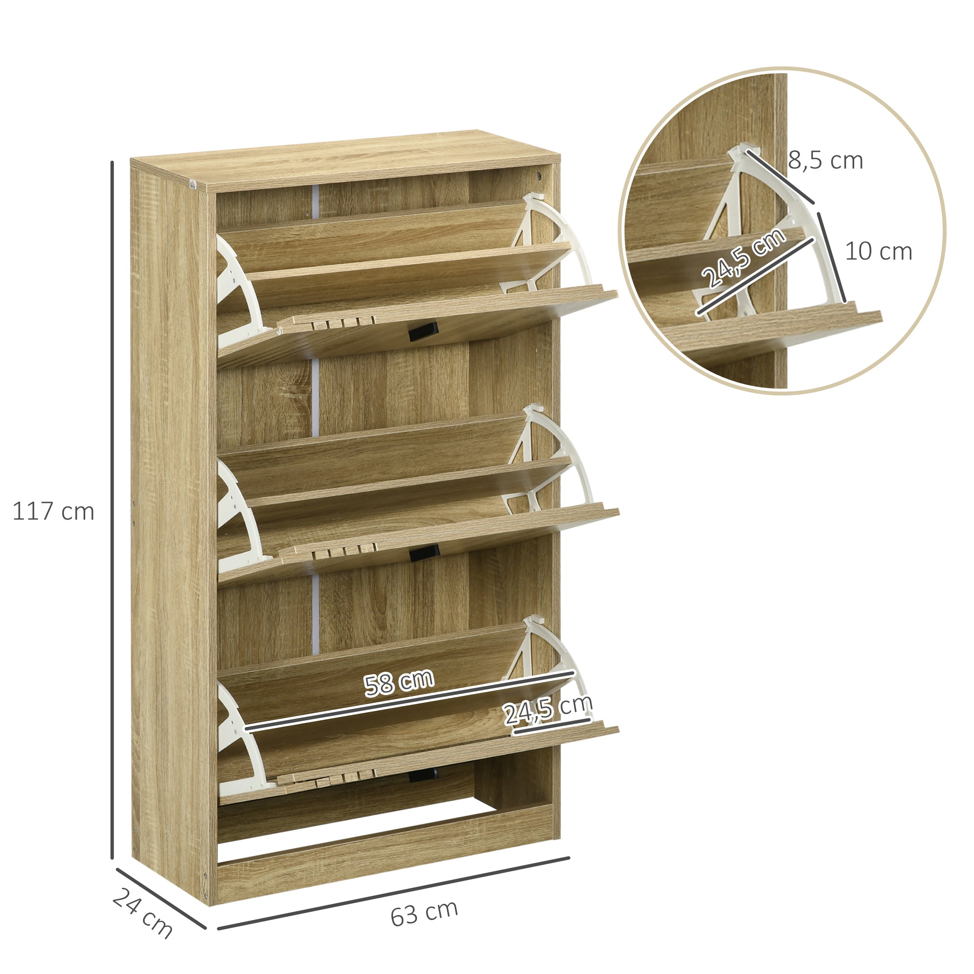 Meuble à chaussures à 3 abattants, 18 paires, armoire à chaussures 3 compartiments, grande capacité pour entrée, couloir, salon, 63 x 24 x 117 cm, chêne