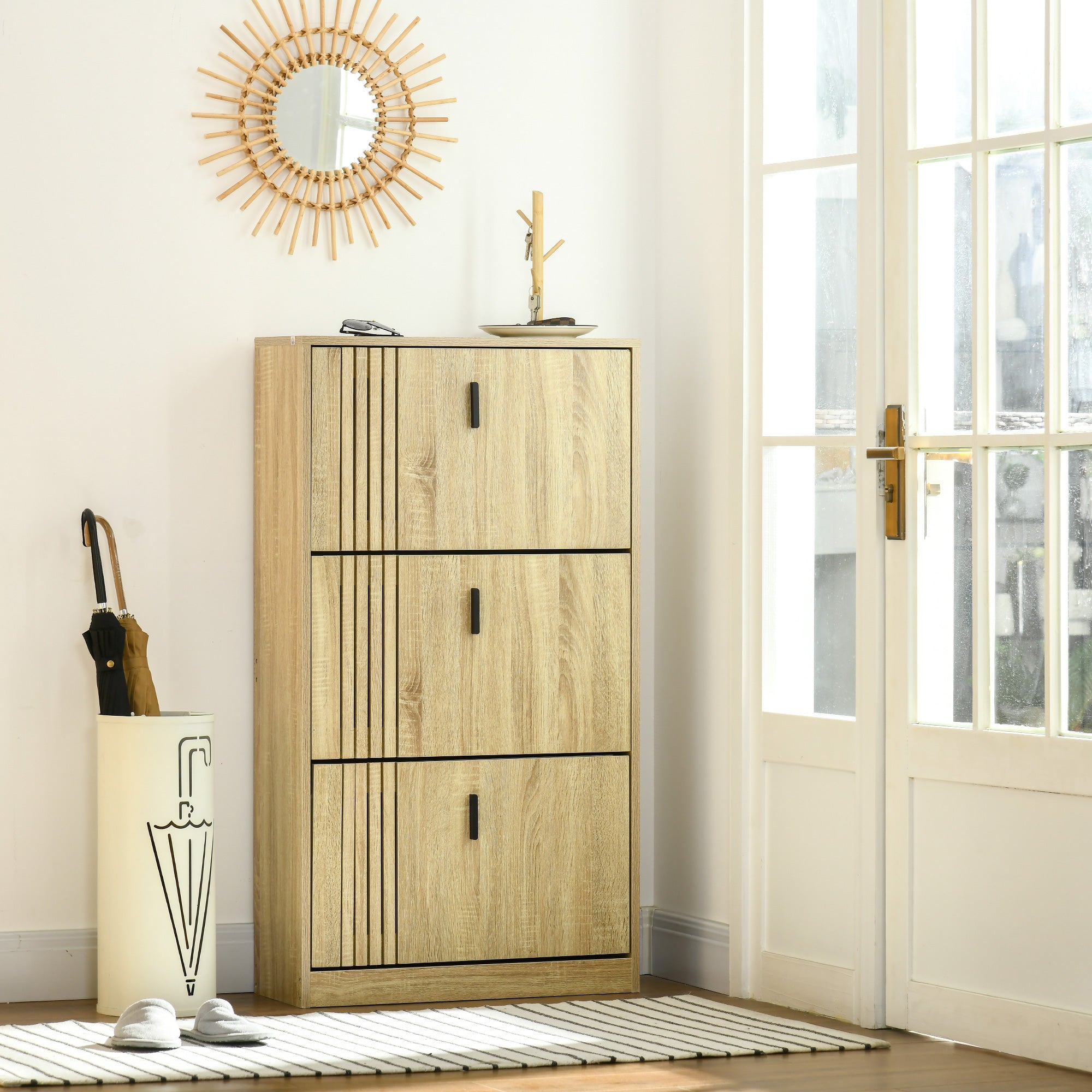 Meuble à chaussures à 3 abattants, 18 paires, armoire à chaussures 3 compartiments, grande capacité pour entrée, couloir, salon, 63 x 24 x 117 cm, chêne