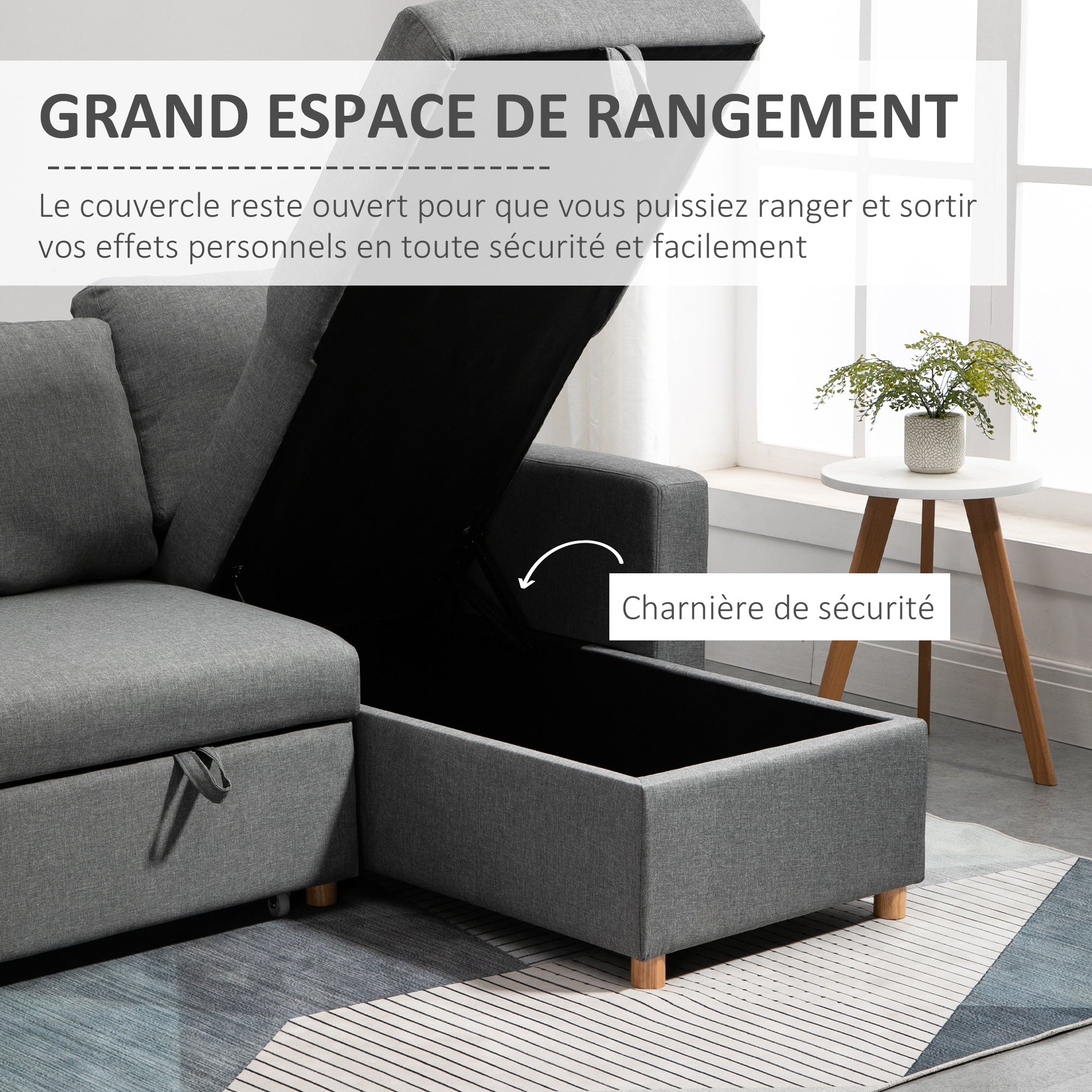 Canapé d'angle convertible canapé lit canapé 3 places modulable avec méridienne réversible, coffre de rangement intégré et 3 coussins de dossier, tissu aspect lin, gris