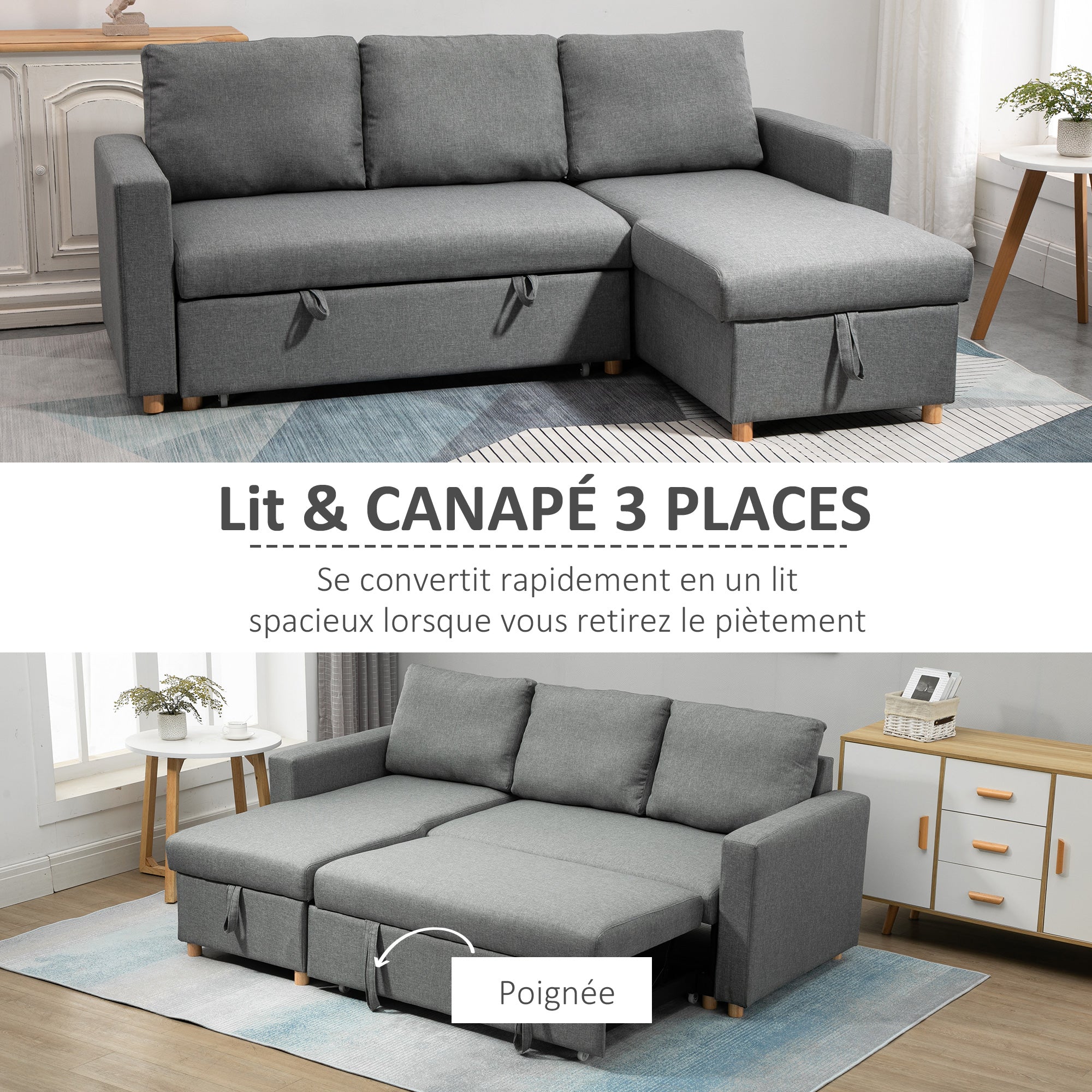 Canapé d'angle convertible canapé lit canapé 3 places modulable avec méridienne réversible, coffre de rangement intégré et 3 coussins de dossier, tissu aspect lin, gris