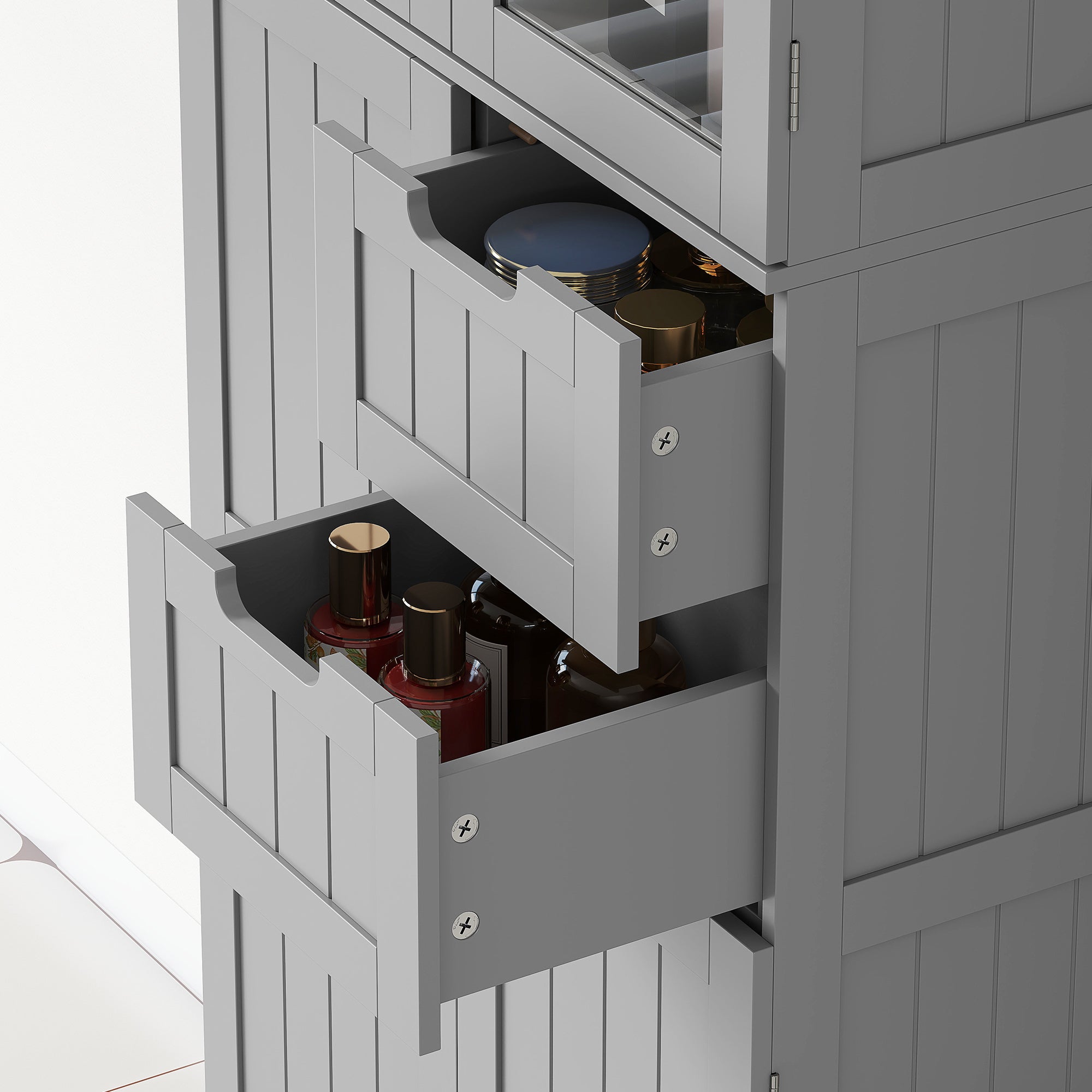 Meuble de salle de bain haut, meuble de rangement, colonne salle de bain avec 4 portes dont 2 vitrées, 2 tiroirs et étagères réglables, style moderne, pour salon, chambre, 60x30x170cm, blanc