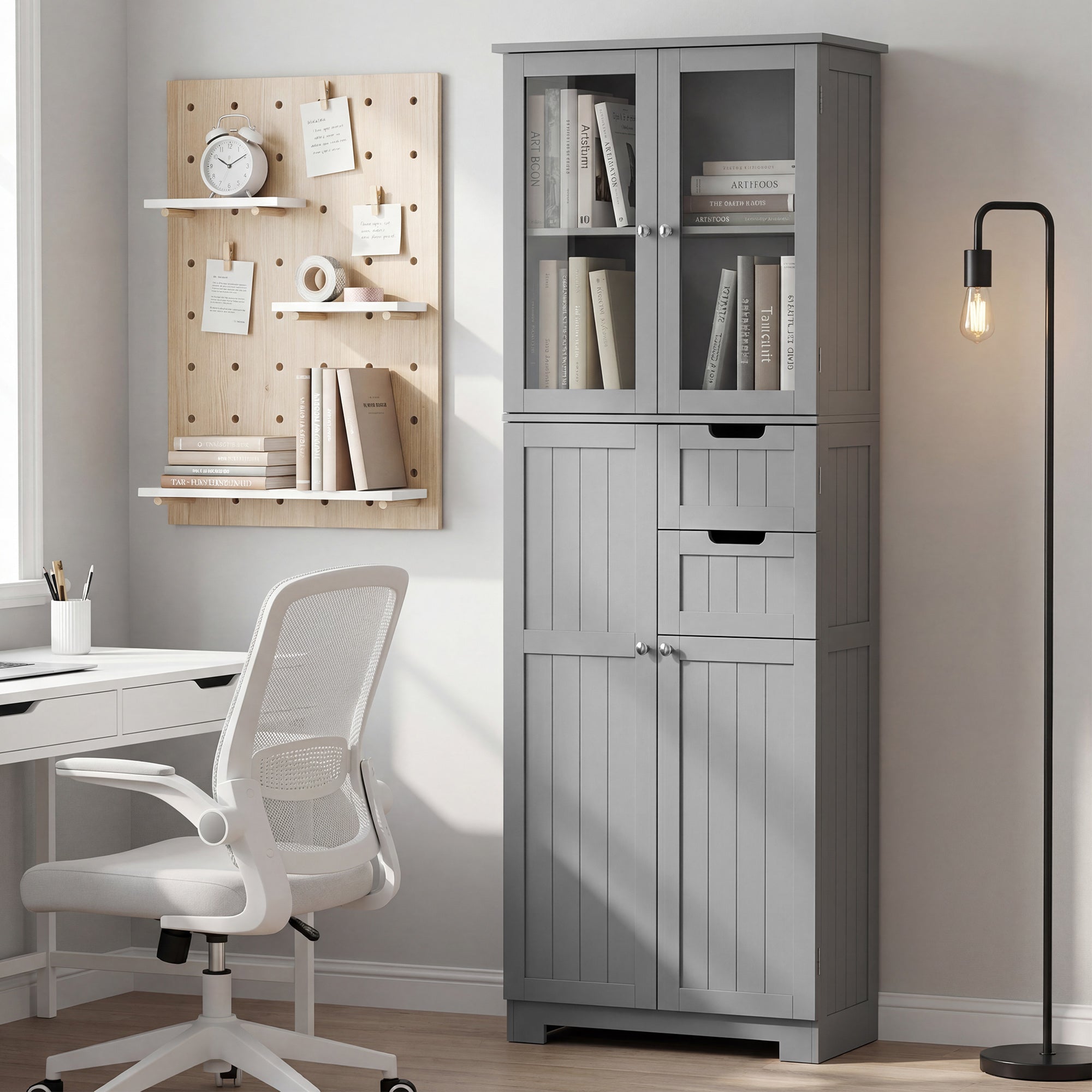 Meuble de salle de bain haut, meuble de rangement, colonne salle de bain avec 4 portes dont 2 vitrées, 2 tiroirs et étagères réglables, style moderne, pour salon, chambre, 60x30x170cm, blanc