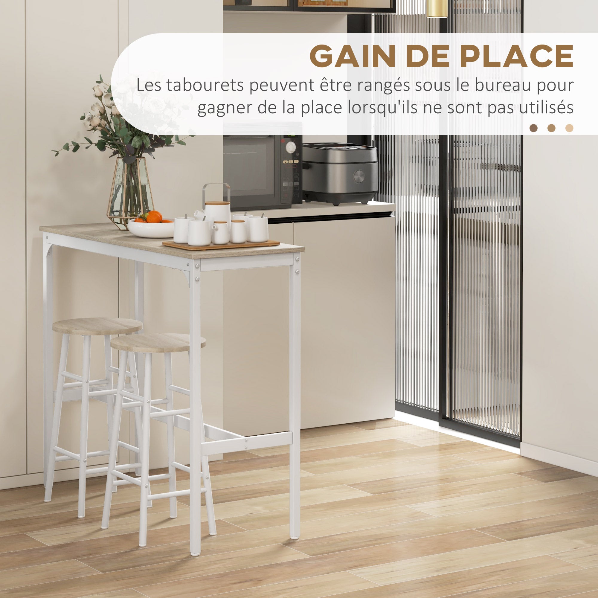 Ensemble table de bar bistrot + 2 tabourets avec repose-pieds table mange-debout structure en acier design industriel table haute de cuisine plateau aspect bois naturel blanc