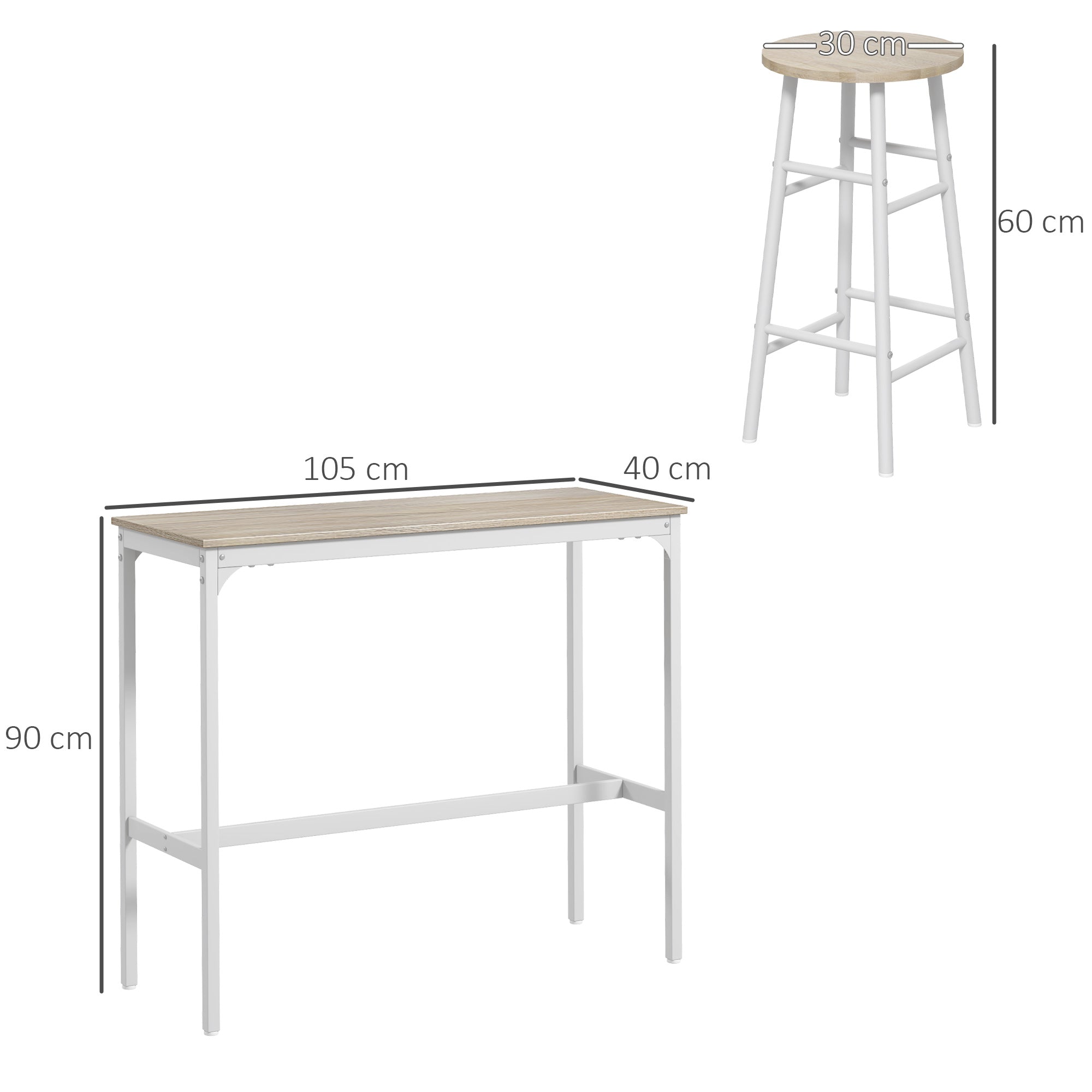 Ensemble table de bar bistrot + 2 tabourets avec repose-pieds table mange-debout structure en acier design industriel table haute de cuisine plateau aspect bois naturel blanc