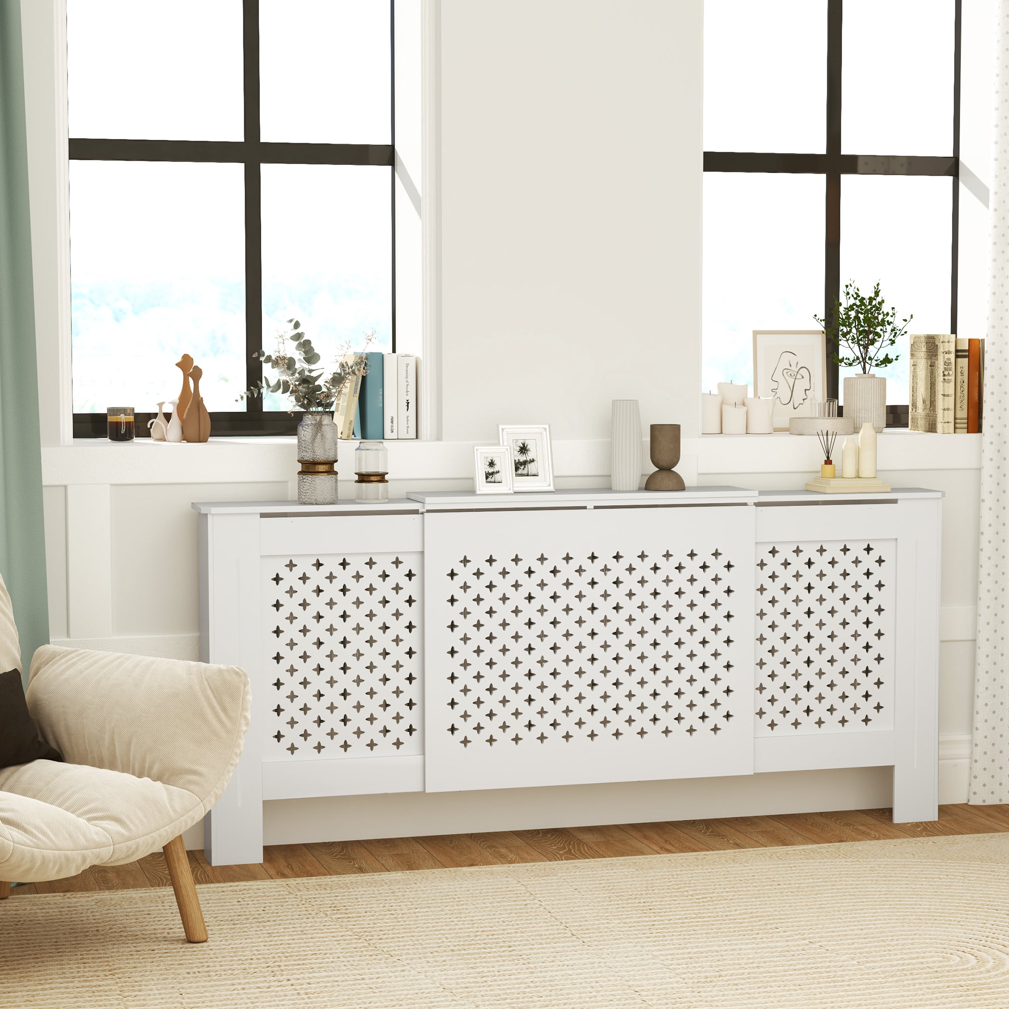 Cache radiateur ajustable couvercle de radiateur contemporain à motif nid d'abeille 136-200 x 21,5 x 91,7 cm cache-radiateur en bois pour chambre à coucher, salon - blanc