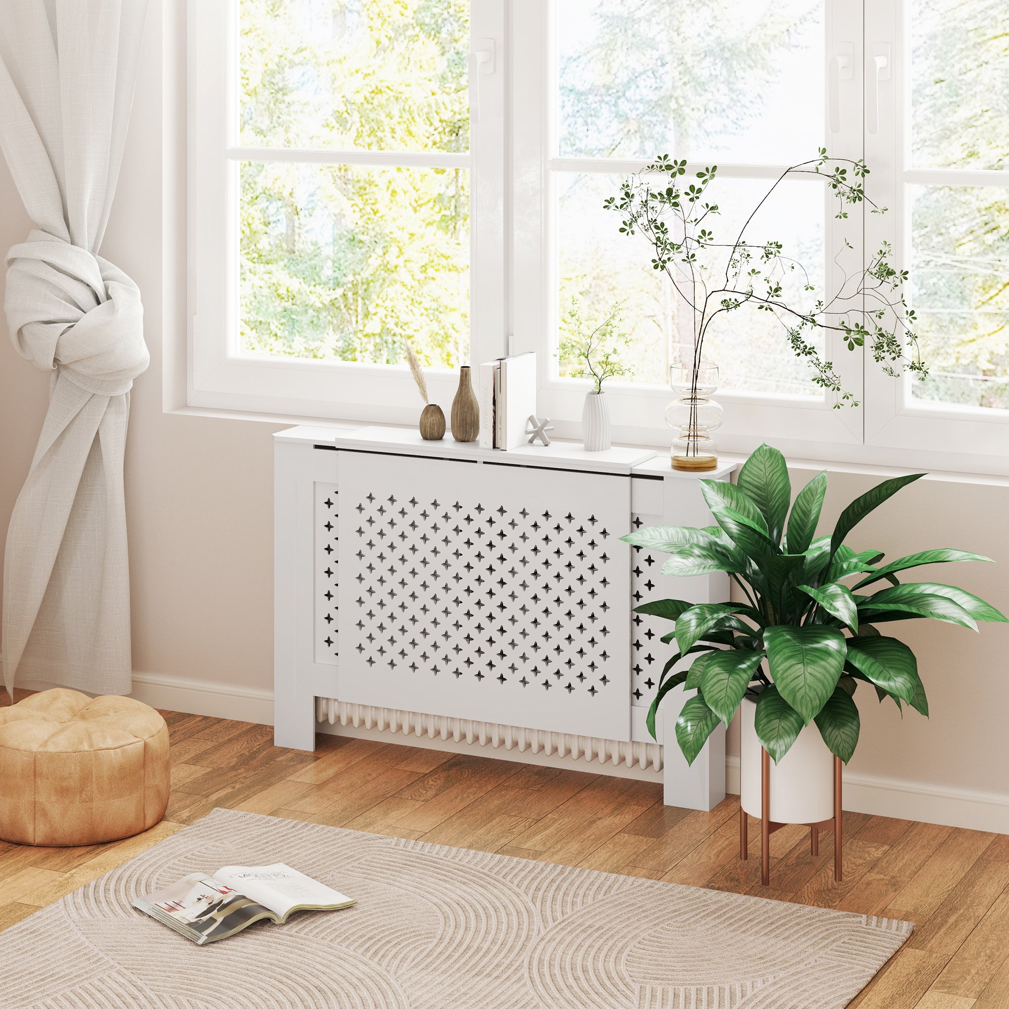 Cache radiateur ajustable couvercle de radiateur contemporain à motif nid d'abeille 136-200 x 21,5 x 91,7 cm cache-radiateur en bois pour chambre à coucher, salon - blanc