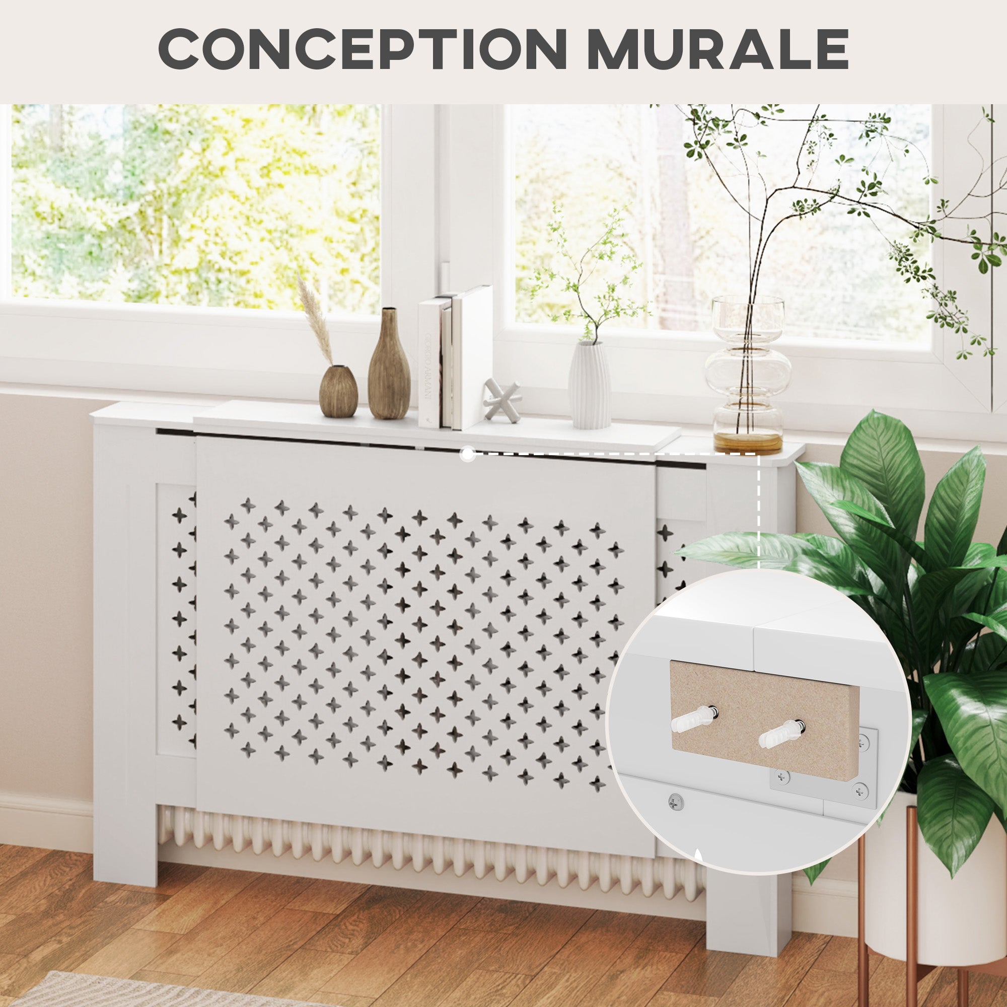 Cache radiateur ajustable couvercle de radiateur contemporain à motif nid d'abeille 136-200 x 21,5 x 91,7 cm cache-radiateur en bois pour chambre à coucher, salon - blanc