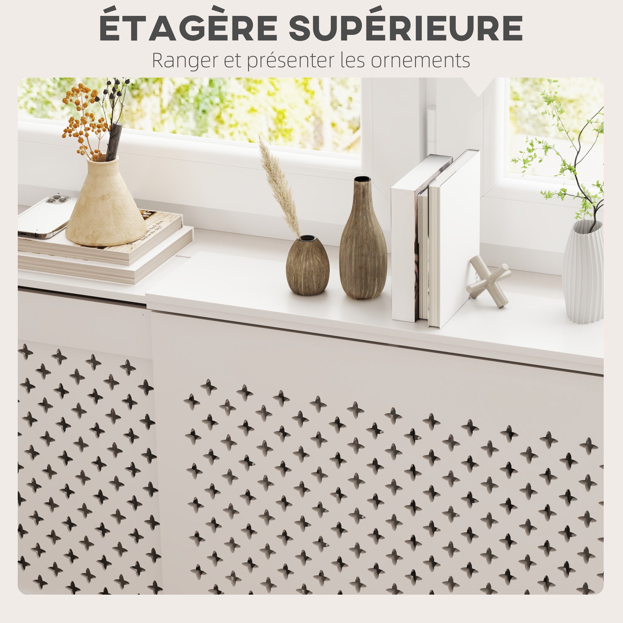 Cache radiateur ajustable couvercle de radiateur contemporain à motif nid d'abeille 136-200 x 21,5 x 91,7 cm cache-radiateur en bois pour chambre à coucher, salon - blanc