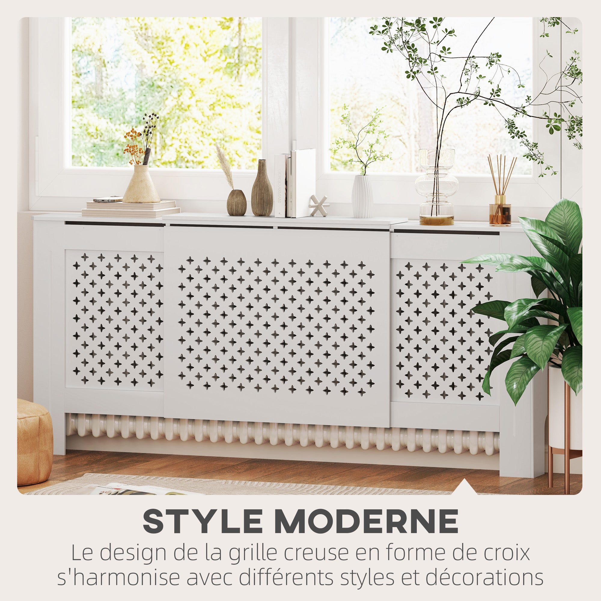 Cache radiateur ajustable couvercle de radiateur contemporain à motif nid d'abeille 136-200 x 21,5 x 91,7 cm cache-radiateur en bois pour chambre à coucher, salon - blanc