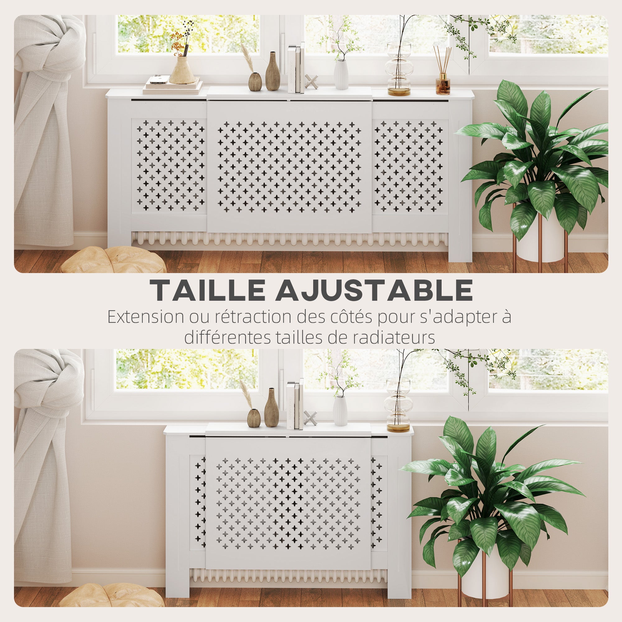 Cache radiateur ajustable couvercle de radiateur contemporain à motif nid d'abeille 136-200 x 21,5 x 91,7 cm cache-radiateur en bois pour chambre à coucher, salon - blanc