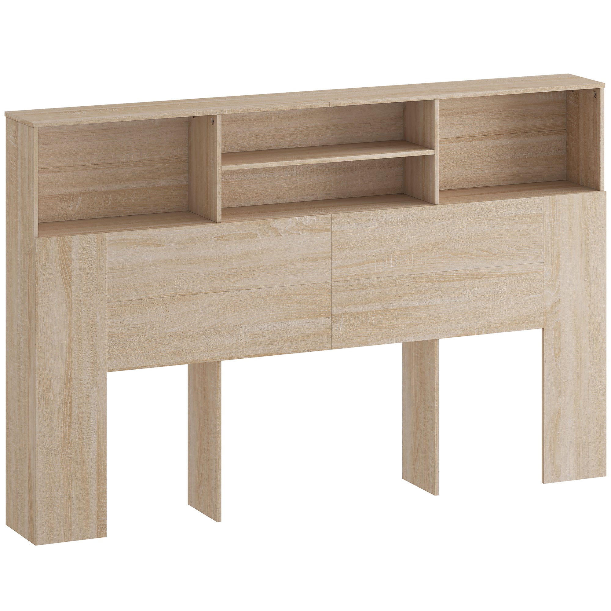 Tête de lit sur pied 160 cm avec rangements, accessoire de lit moderne avec 4 compartiments ouverts pour chambre, 160 x 20,2 x 108,2 cm, bois naturel