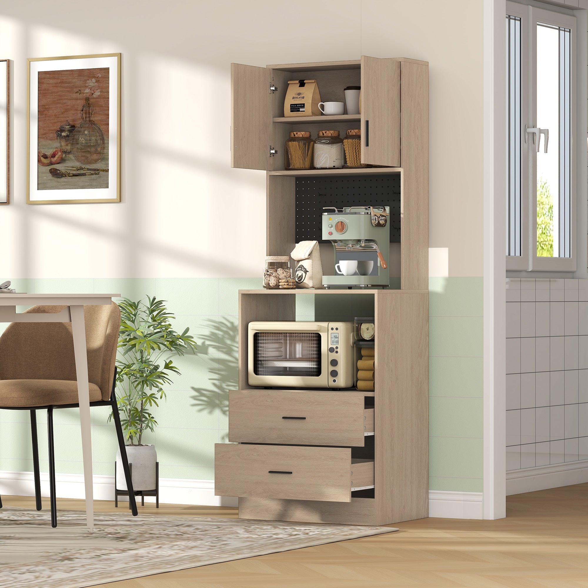 Meuble micro-ondes, buffet, armoire de cuisine, 2 tiroirs, 2 portes, plan de travail, étagère réglable, panneau perforé, 4 crochets, meuble de rangement pour salle à manger, salon, bois naturel