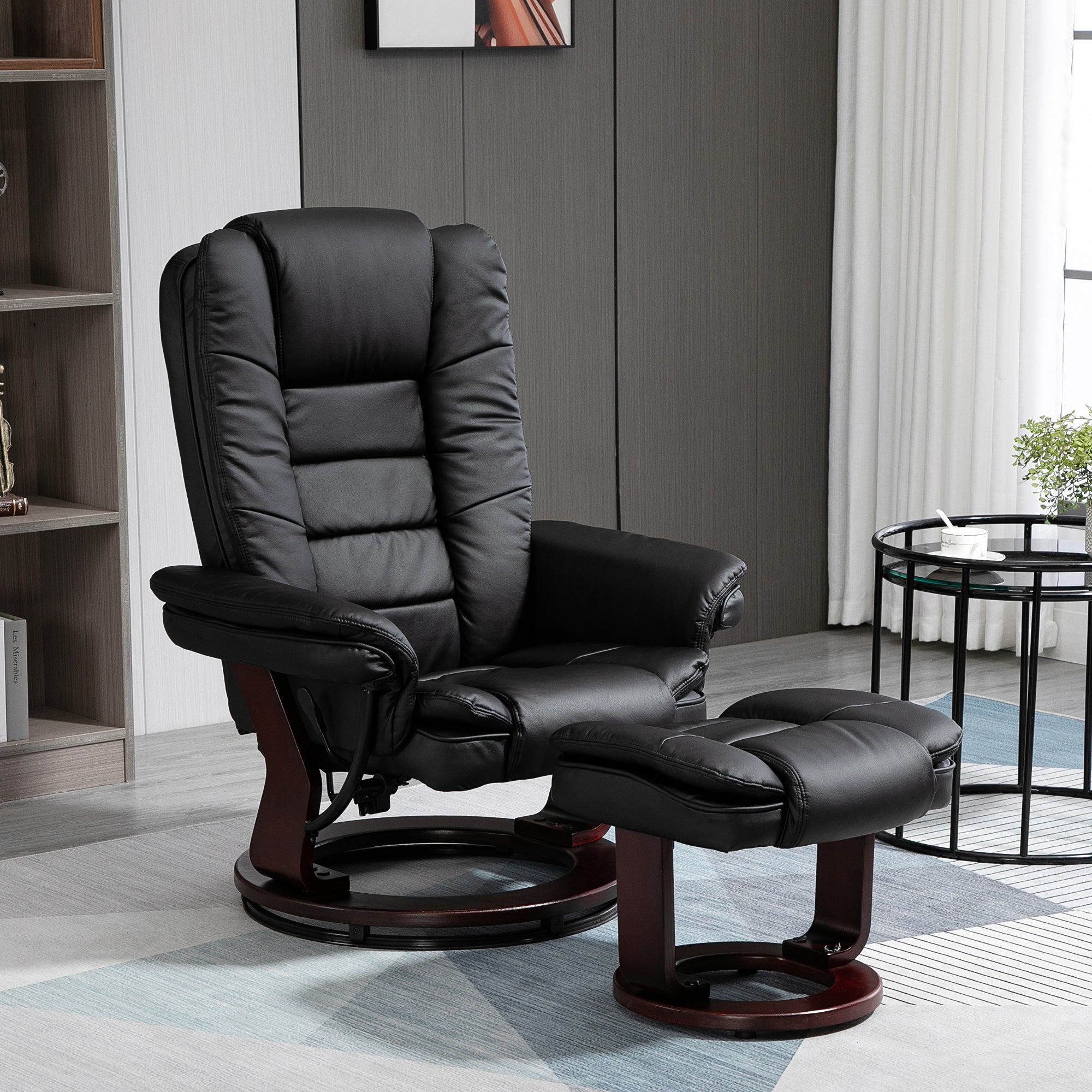 Fauteuil de relaxation avec repose-pied, dossier inclinable 135° max., siège pivotant 360°, assise rembourrée confort, revêtement synthétique, pour salon, chambre, bureau, noir