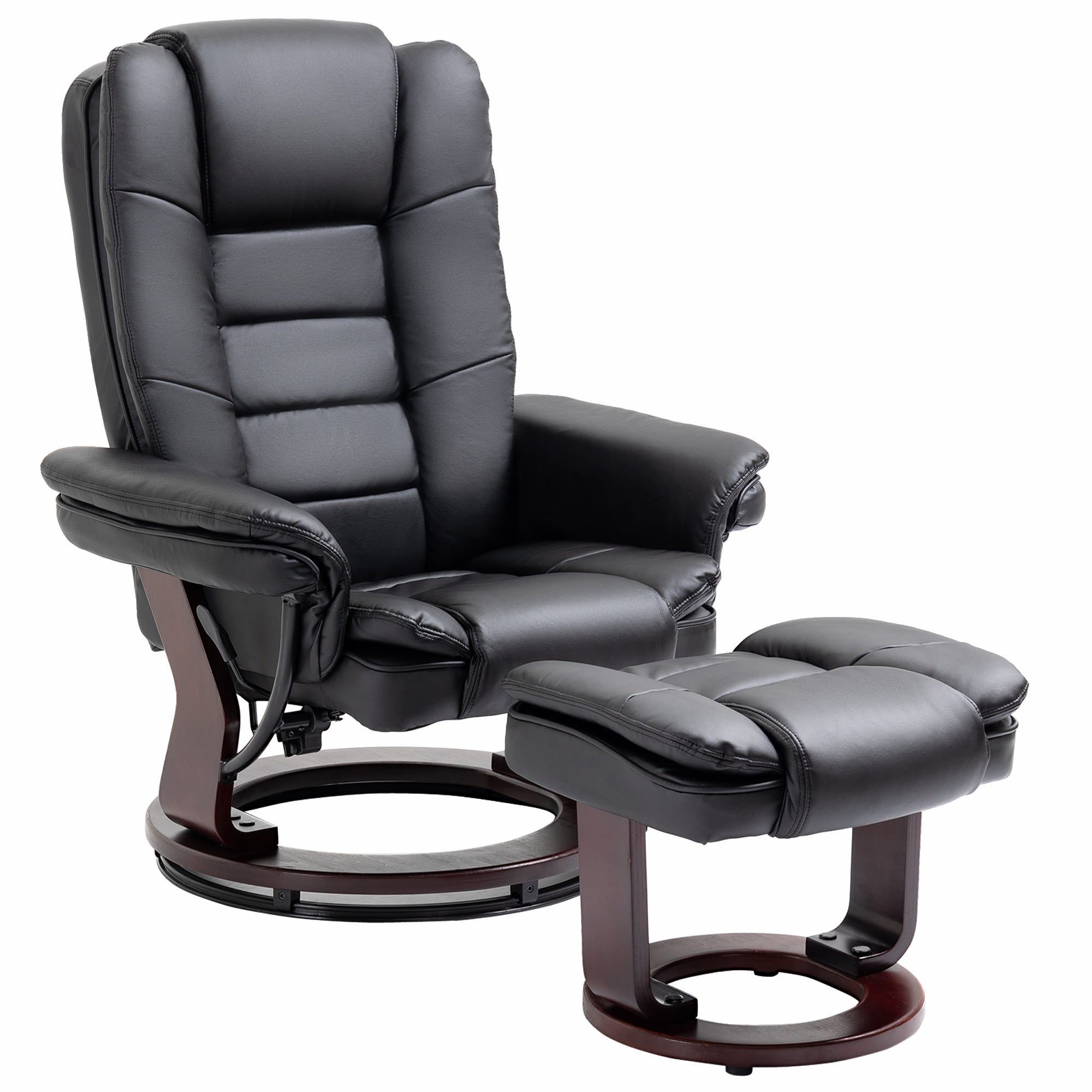 Fauteuil de relaxation avec repose-pied, dossier inclinable 135° max., siège pivotant 360°, assise rembourrée confort, revêtement synthétique, pour salon, chambre, bureau, noir