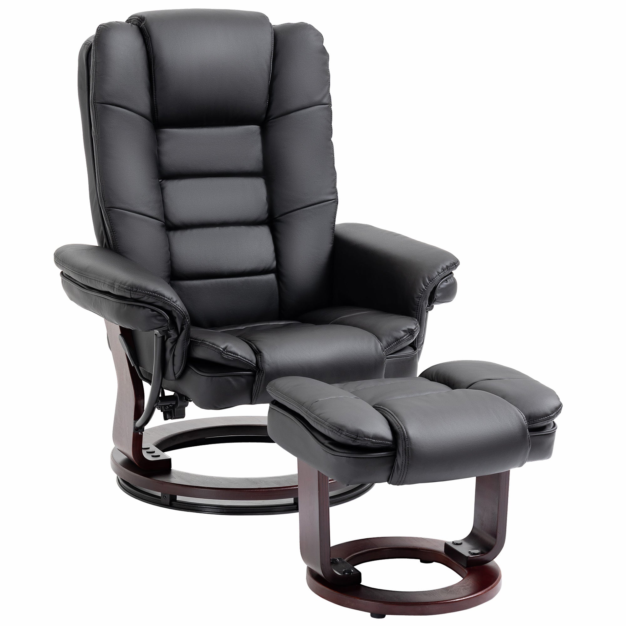 Fauteuil de relaxation avec repose-pied, dossier inclinable 135° max., siège pivotant 360°, assise rembourrée confort, revêtement synthétique, pour salon, chambre, bureau, noir