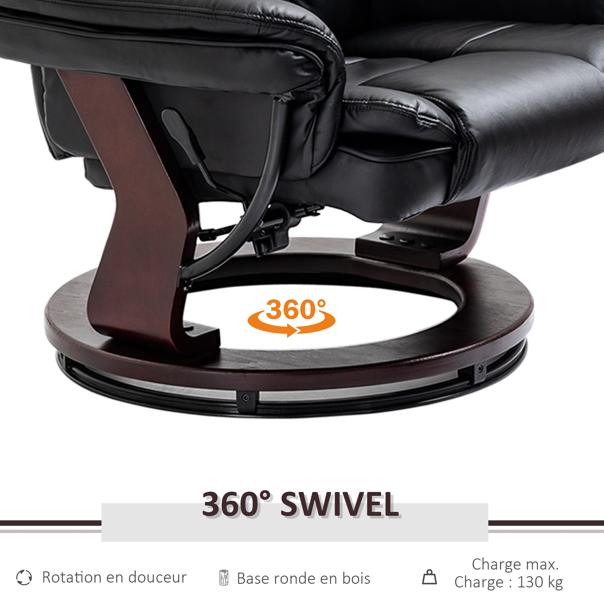 Fauteuil de relaxation avec repose-pied, dossier inclinable 135° max., siège pivotant 360°, assise rembourrée confort, revêtement synthétique, pour salon, chambre, bureau, noir