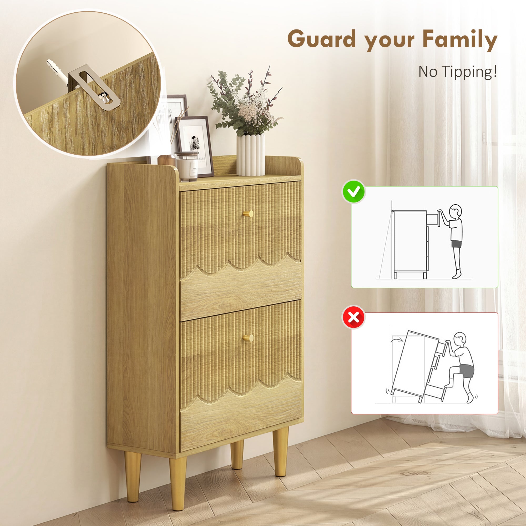 Meuble à chaussures 12 paires, armoire à chaussures étroite, 2 tiroirs rabattables, étagères réglables et plateau supérieur, pour couloir et entrée, 60 x 24 x 92 cm, chêne