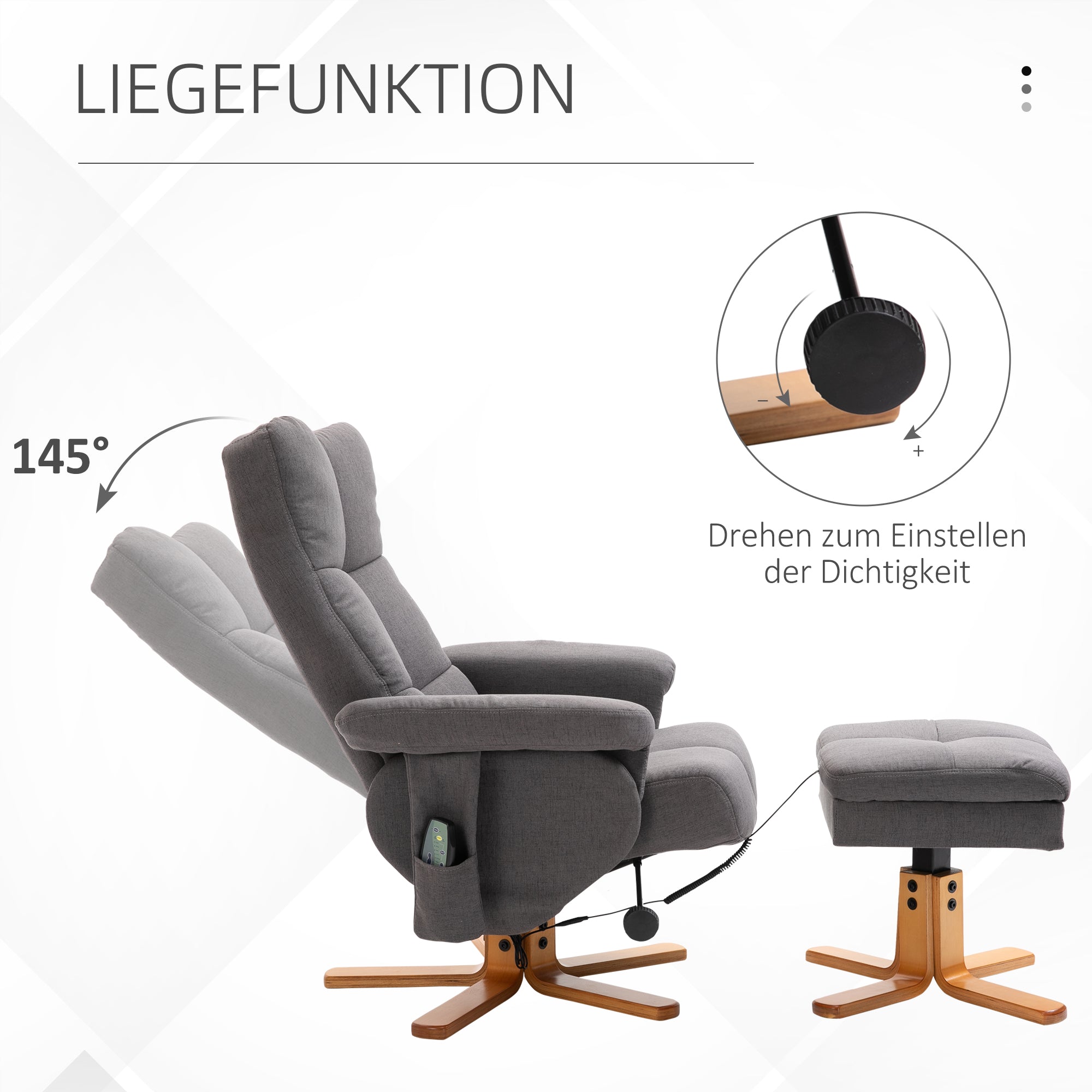 Fauteuil relaxant avec repose-pieds, espace de rangement, fauteuil de massage électrique avec fonction de couchage, fauteuil de télévision pivotant avec poche latérale, télécommande, cadre en bois, polyester, Gris foncé