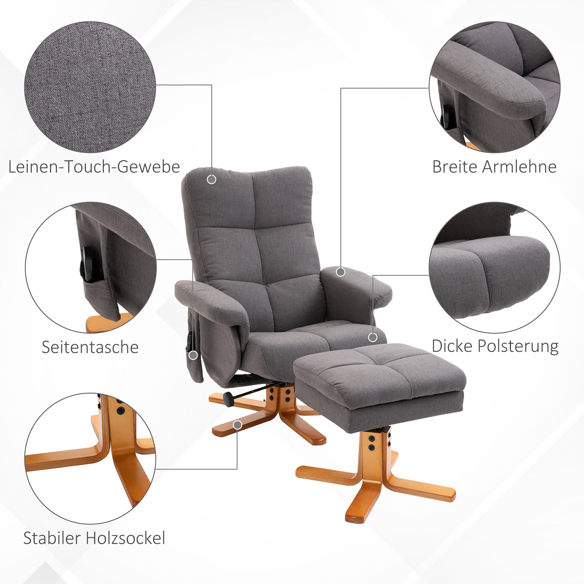 Fauteuil relaxant avec repose-pieds, espace de rangement, fauteuil de massage électrique avec fonction de couchage, fauteuil de télévision pivotant avec poche latérale, télécommande, cadre en bois, polyester, Gris foncé