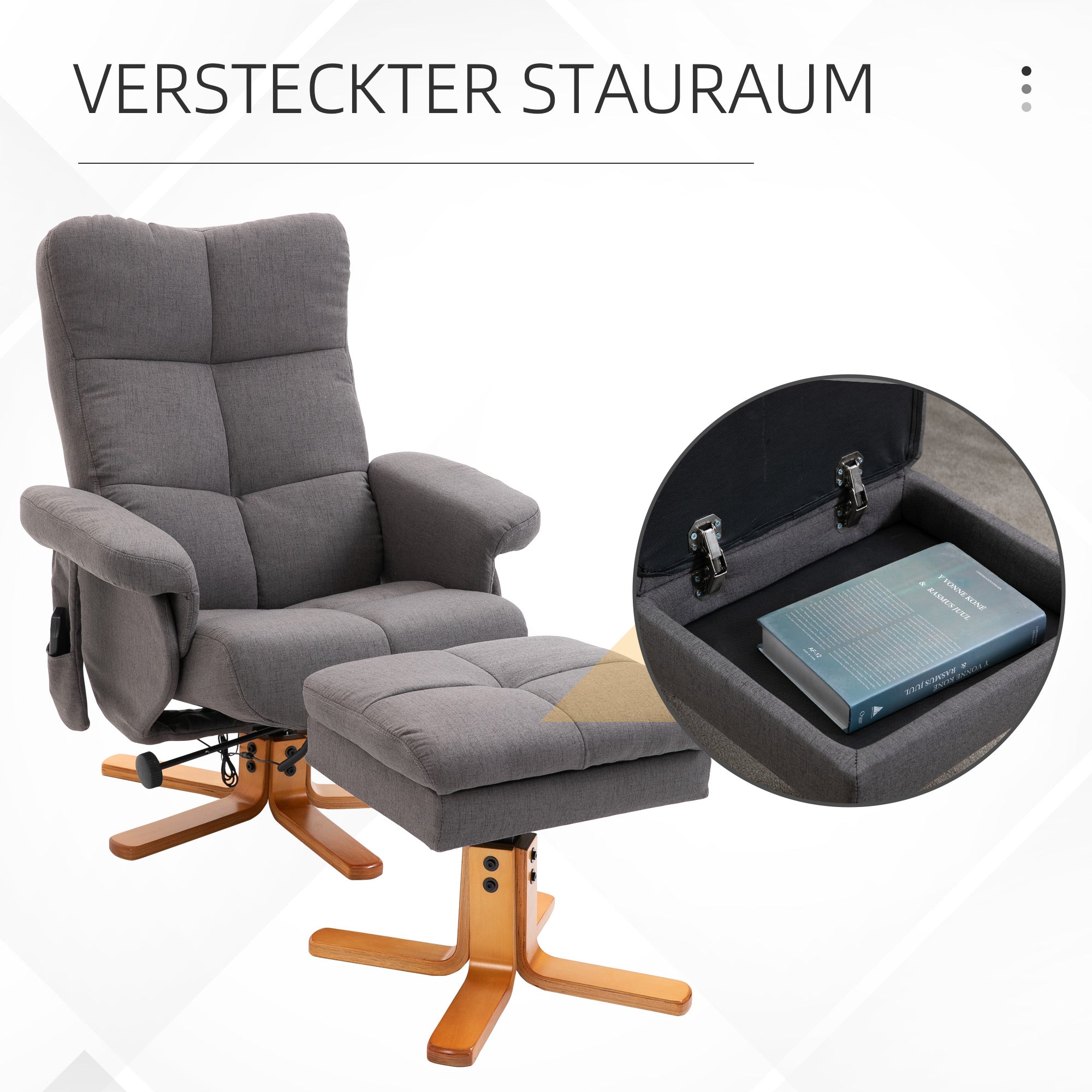 Fauteuil relaxant avec repose-pieds, espace de rangement, fauteuil de massage électrique avec fonction de couchage, fauteuil de télévision pivotant avec poche latérale, télécommande, cadre en bois, polyester, Gris foncé