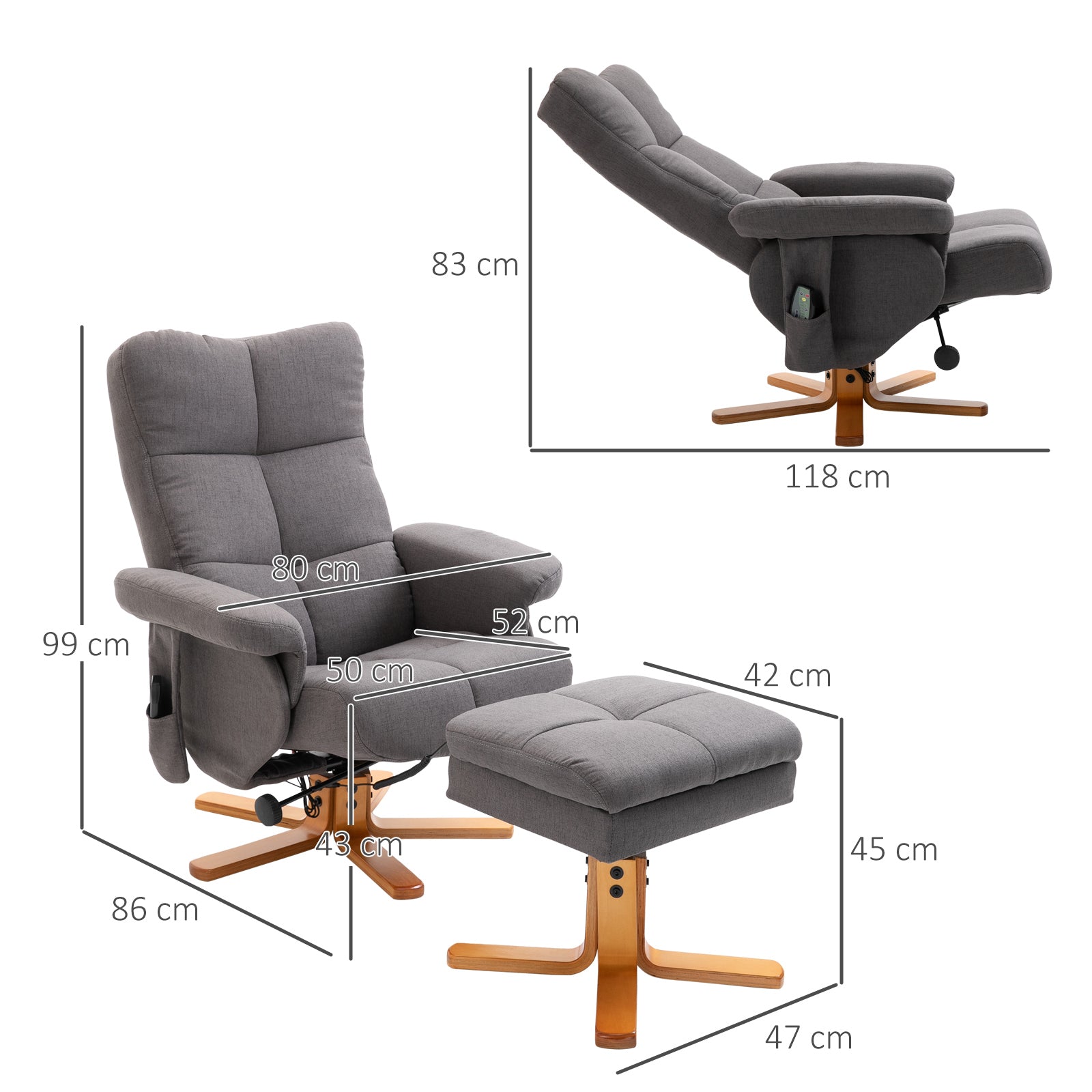 Fauteuil relaxant avec repose-pieds, espace de rangement, fauteuil de massage électrique avec fonction de couchage, fauteuil de télévision pivotant avec poche latérale, télécommande, cadre en bois, polyester, Gris foncé