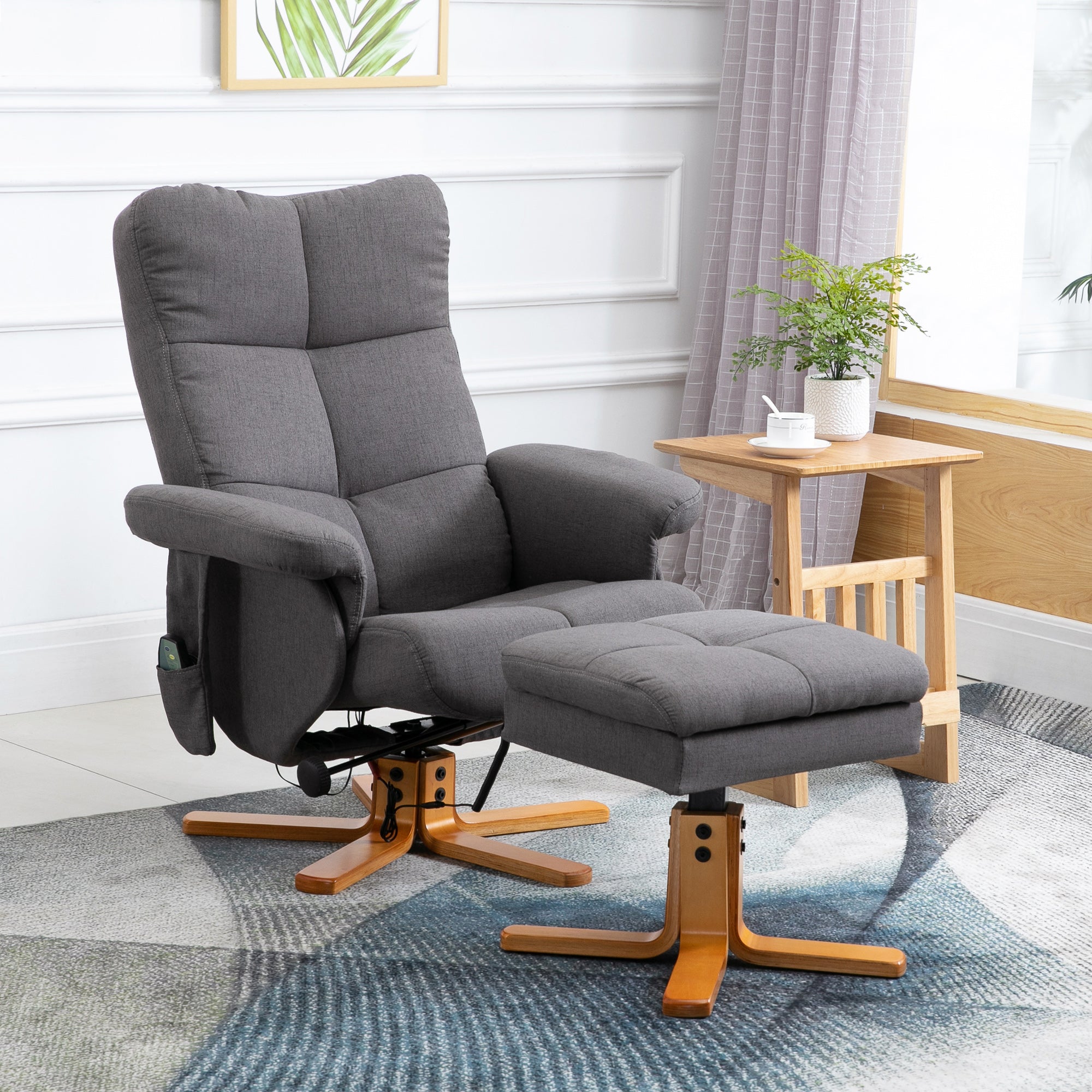 Fauteuil relaxant avec repose-pieds, espace de rangement, fauteuil de massage électrique avec fonction de couchage, fauteuil de télévision pivotant avec poche latérale, télécommande, cadre en bois, polyester, Gris foncé