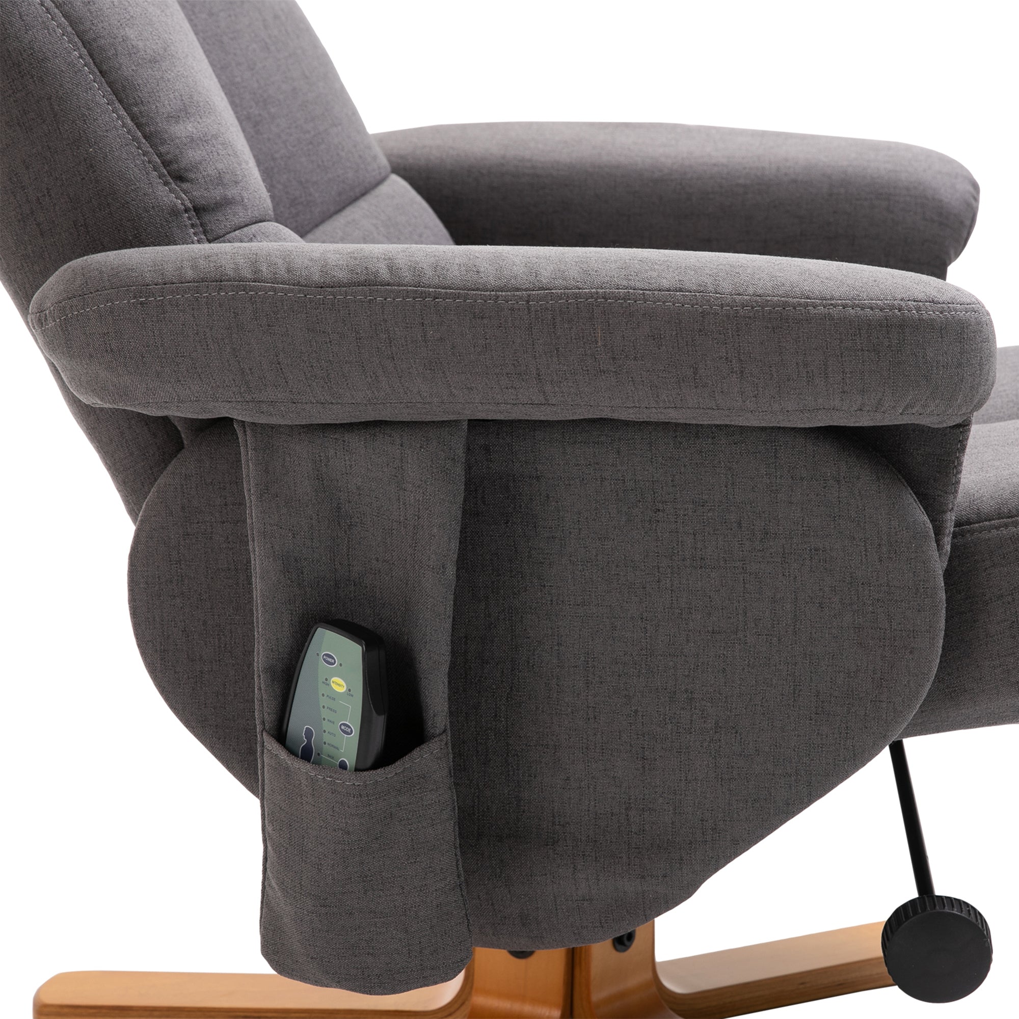 Fauteuil relaxant avec repose-pieds, espace de rangement, fauteuil de massage électrique avec fonction de couchage, fauteuil de télévision pivotant avec poche latérale, télécommande, cadre en bois, polyester, Gris foncé