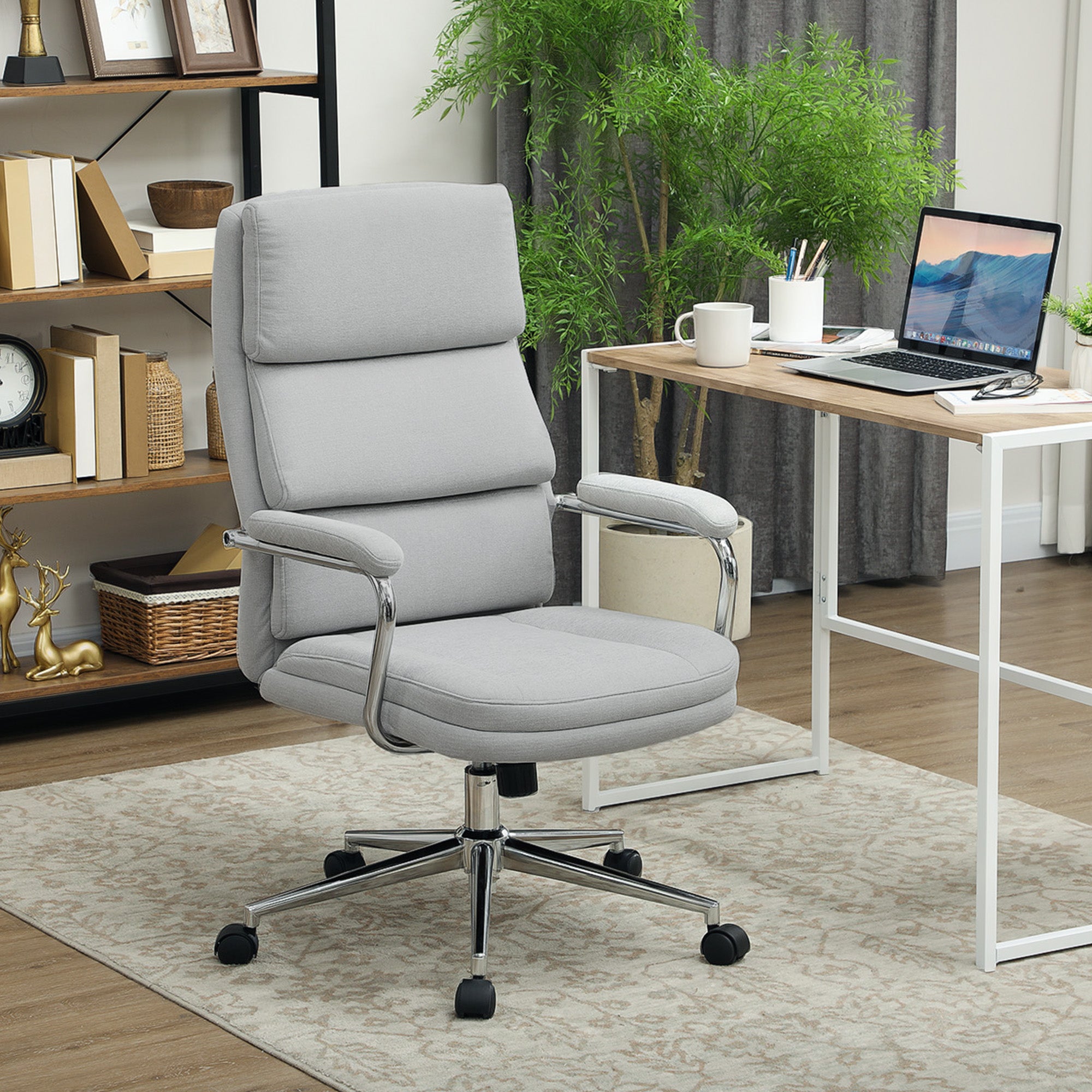 Fauteuil de bureau, chaise de bureau ergonomique avec hauteur réglable, fonction de bascule, tissu en lin, chaise d'ordinateur pour chambre, télétravail, charge 120 Kg, gris clair
