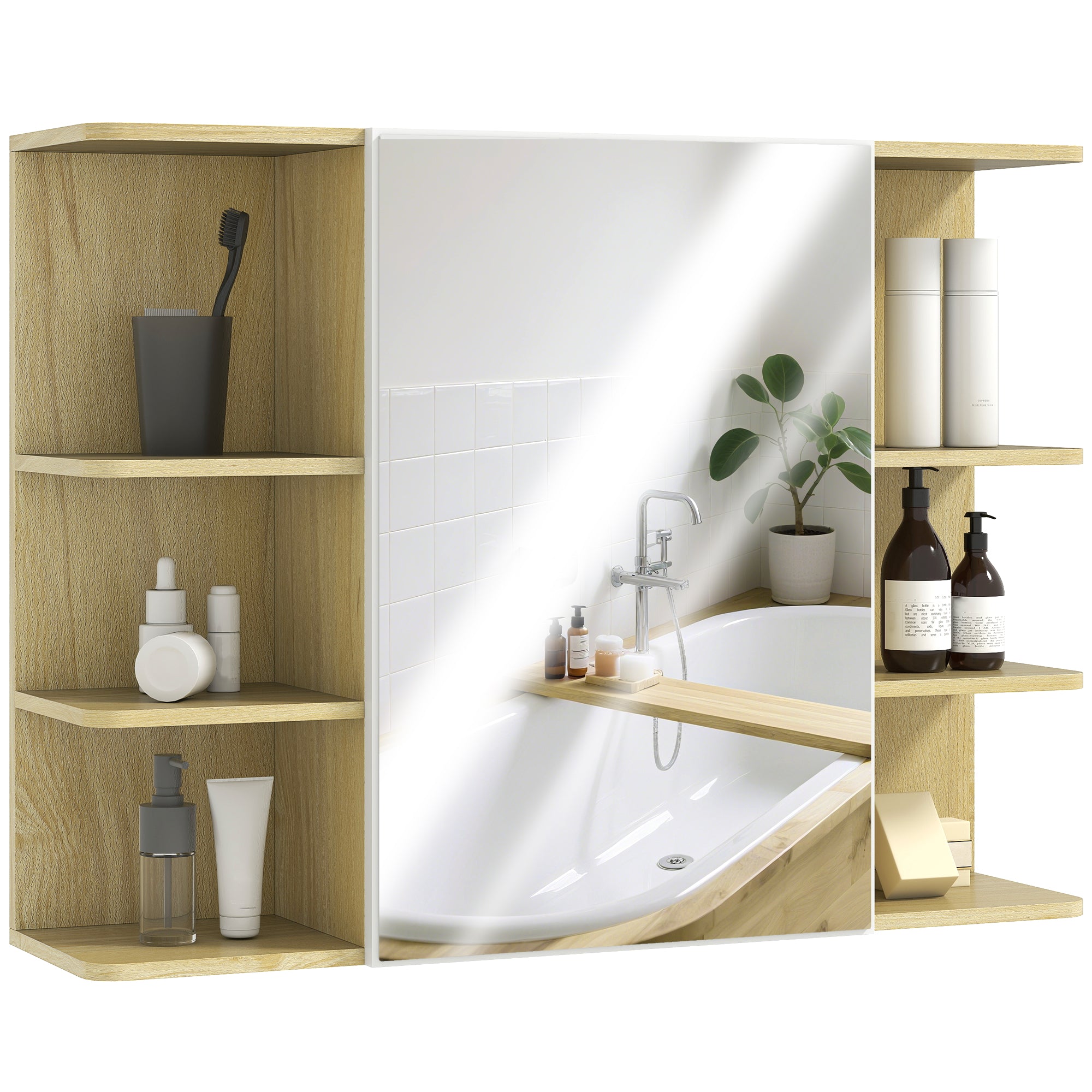 Armoire murale salle de bain avec miroir, meuble salle de bain, armoire de toilette avec étagères ouvertes, miroir avec rangement, 80 x 20 x 59 cm, effet bois naturel