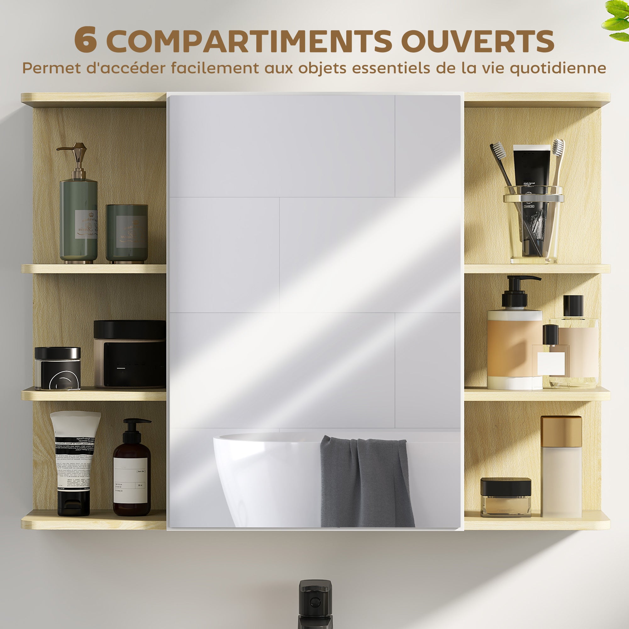 Armoire murale salle de bain avec miroir, meuble salle de bain, armoire de toilette avec étagères ouvertes, miroir avec rangement, 80 x 20 x 59 cm, effet bois naturel