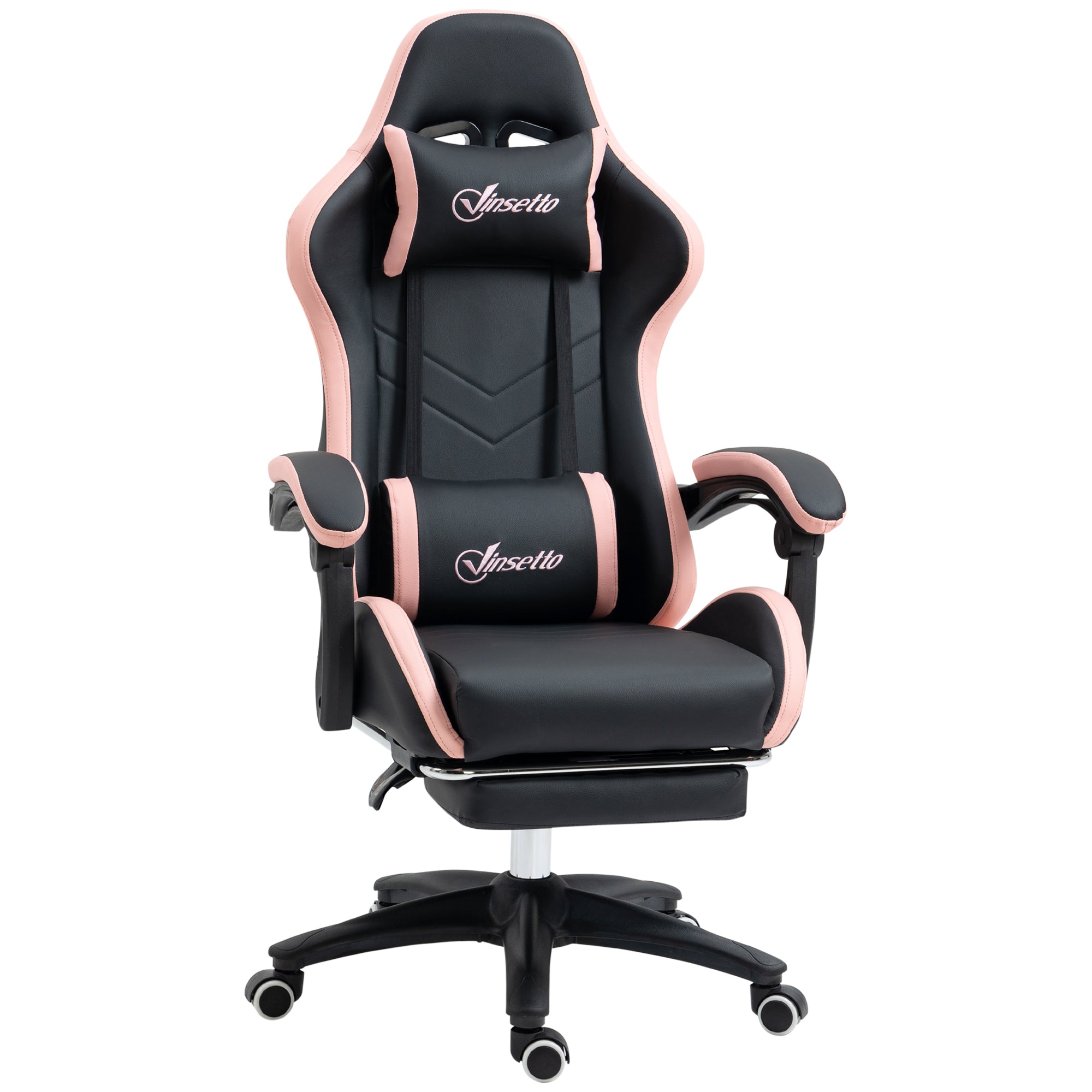 Chaise gaming fauteuil gaming ergonomique repose-pieds télescopique, dossier inclinable à 135°, appui-tête réglable et soutien lombaire, fauteuil de bureau 360° rotatif en similicuir, rose
