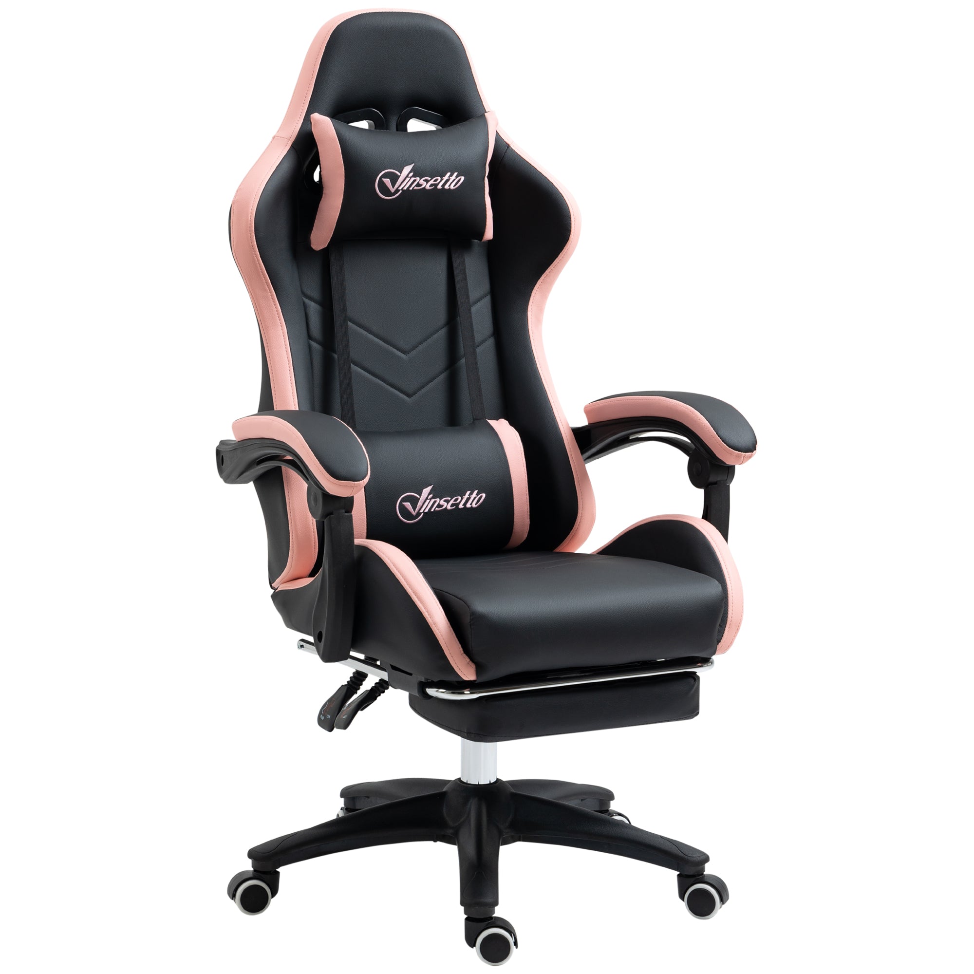 Chaise gaming fauteuil gaming ergonomique repose-pieds télescopique, dossier inclinable à 135°, appui-tête réglable et soutien lombaire, fauteuil de bureau 360° rotatif en similicuir, rose
