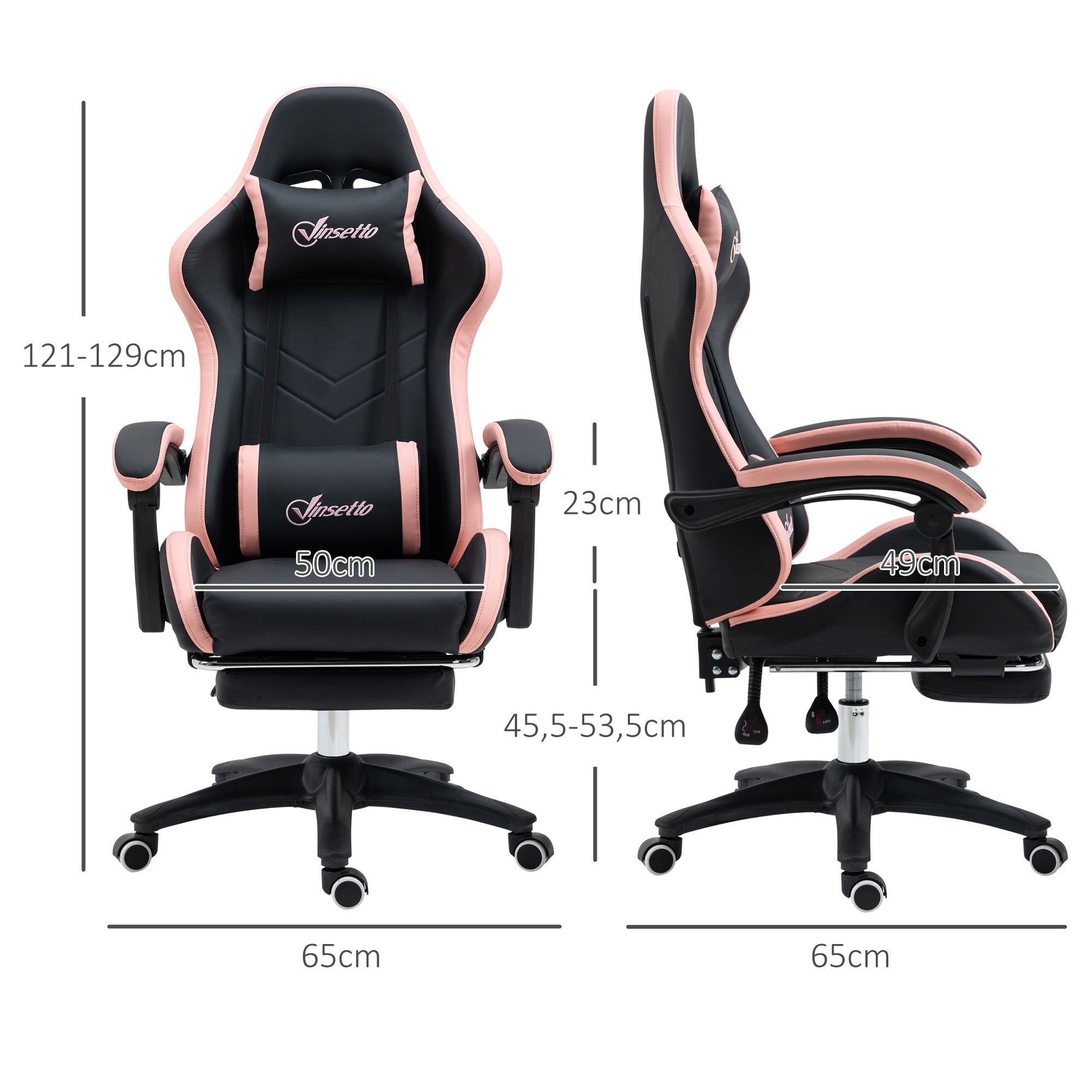 Chaise gaming fauteuil gaming ergonomique repose-pieds télescopique, dossier inclinable à 135°, appui-tête réglable et soutien lombaire, fauteuil de bureau 360° rotatif en similicuir, rose