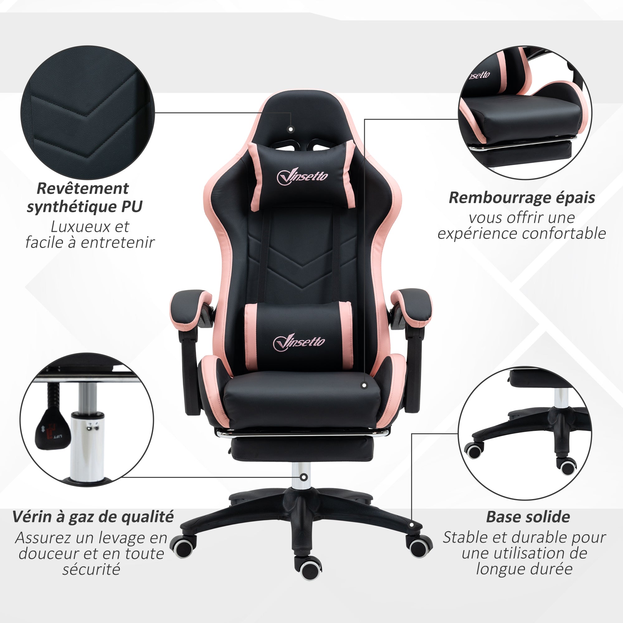 Chaise gaming fauteuil gaming ergonomique repose-pieds télescopique, dossier inclinable à 135°, appui-tête réglable et soutien lombaire, fauteuil de bureau 360° rotatif en similicuir, rose