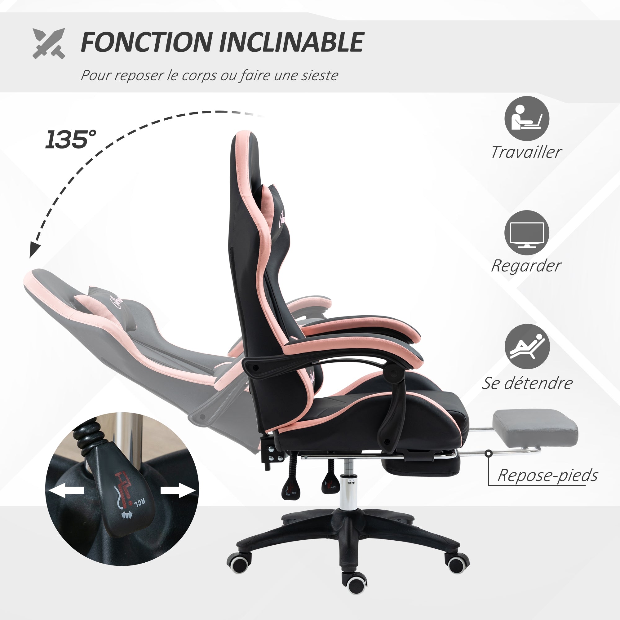 Chaise gaming fauteuil gaming ergonomique repose-pieds télescopique, dossier inclinable à 135°, appui-tête réglable et soutien lombaire, fauteuil de bureau 360° rotatif en similicuir, rose