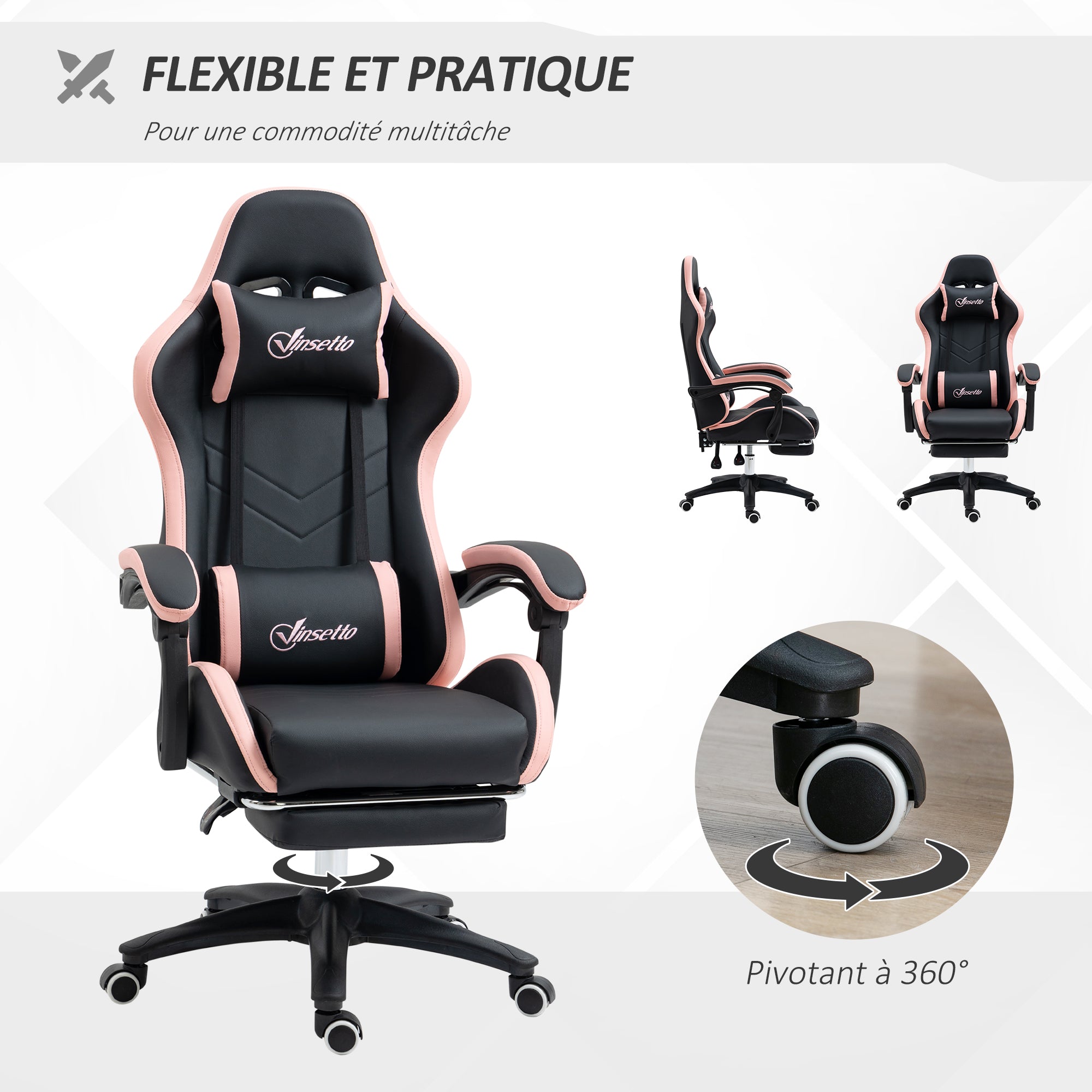 Chaise gaming fauteuil gaming ergonomique repose-pieds télescopique, dossier inclinable à 135°, appui-tête réglable et soutien lombaire, fauteuil de bureau 360° rotatif en similicuir, rose