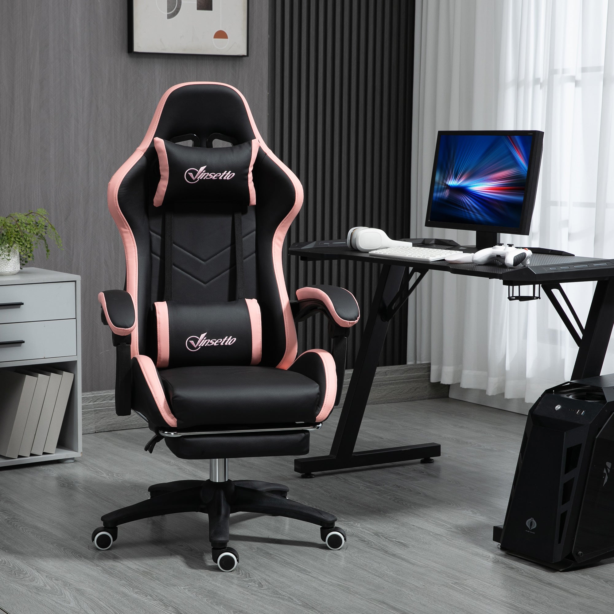 Chaise gaming fauteuil gaming ergonomique repose-pieds télescopique, dossier inclinable à 135°, appui-tête réglable et soutien lombaire, fauteuil de bureau 360° rotatif en similicuir, rose