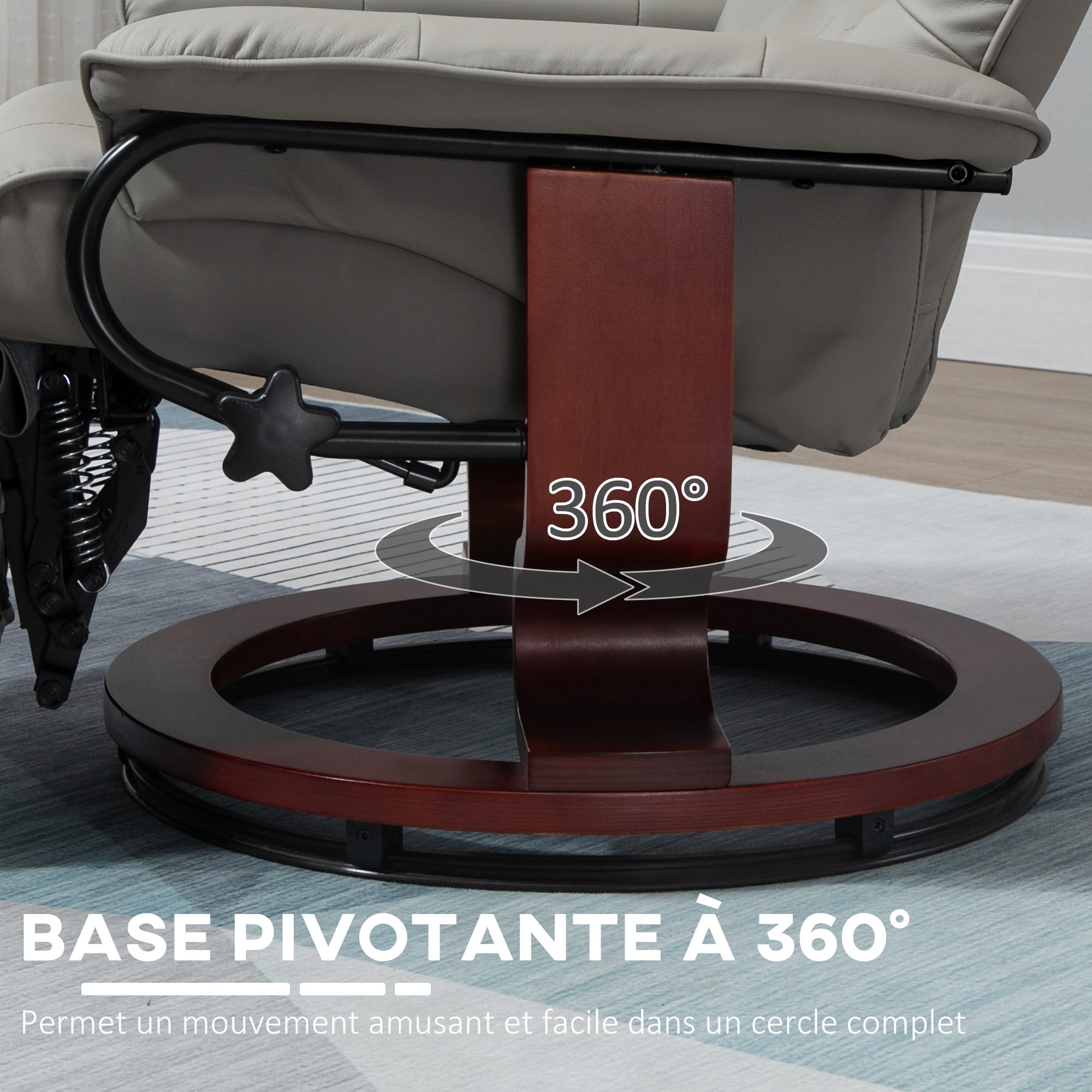 Fauteuil relax inclinable fauteuil de salon repose-pieds réglable pivotant 360° piètement bois revêtement synthétique gris