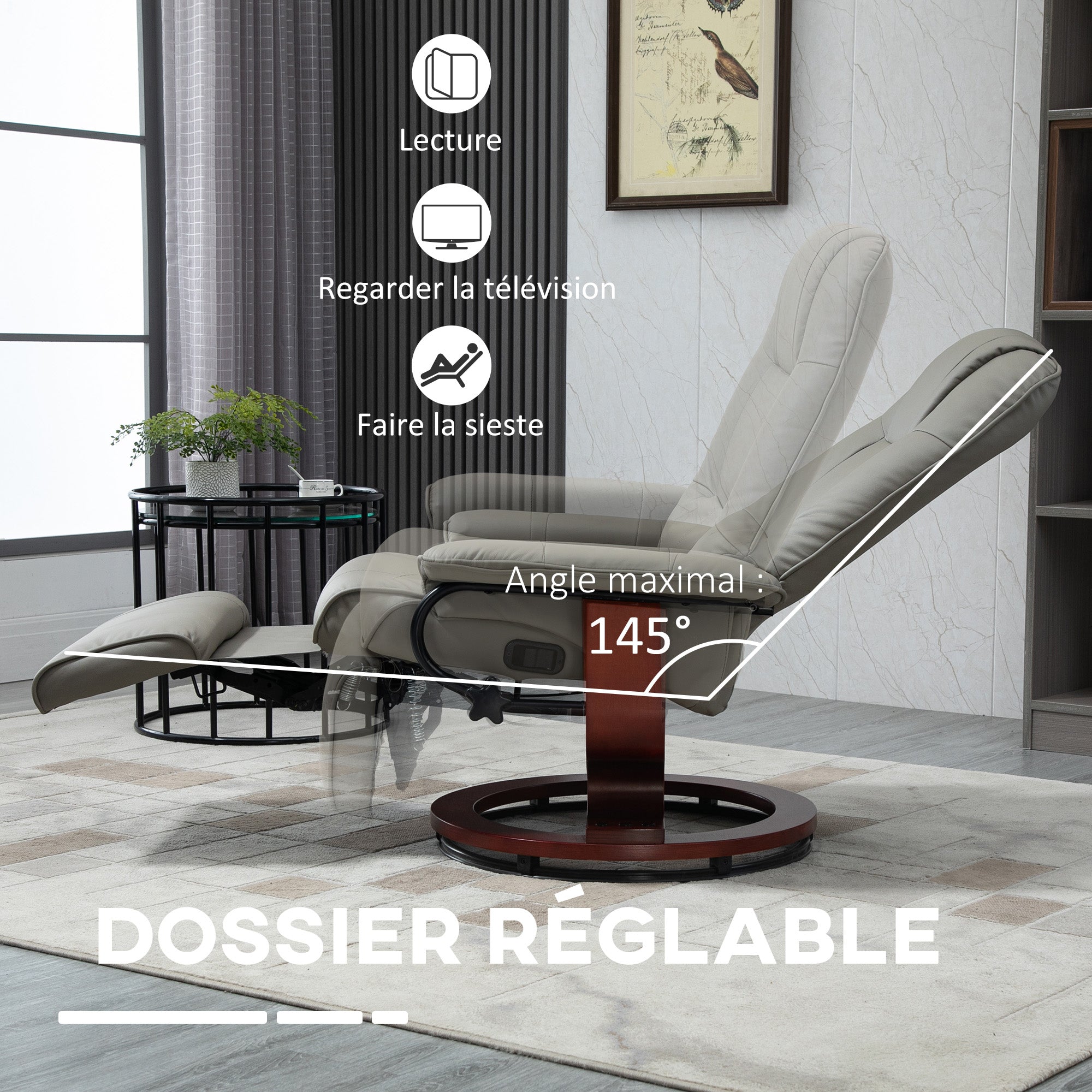 Fauteuil relax inclinable fauteuil de salon repose-pieds réglable pivotant 360° piètement bois revêtement synthétique gris
