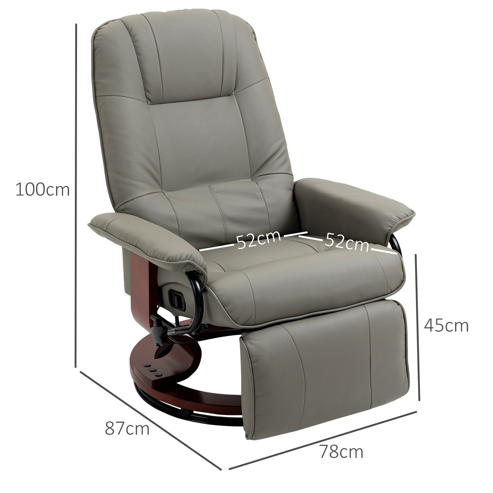 Fauteuil relax inclinable fauteuil de salon repose-pieds réglable pivotant 360° piètement bois revêtement synthétique gris