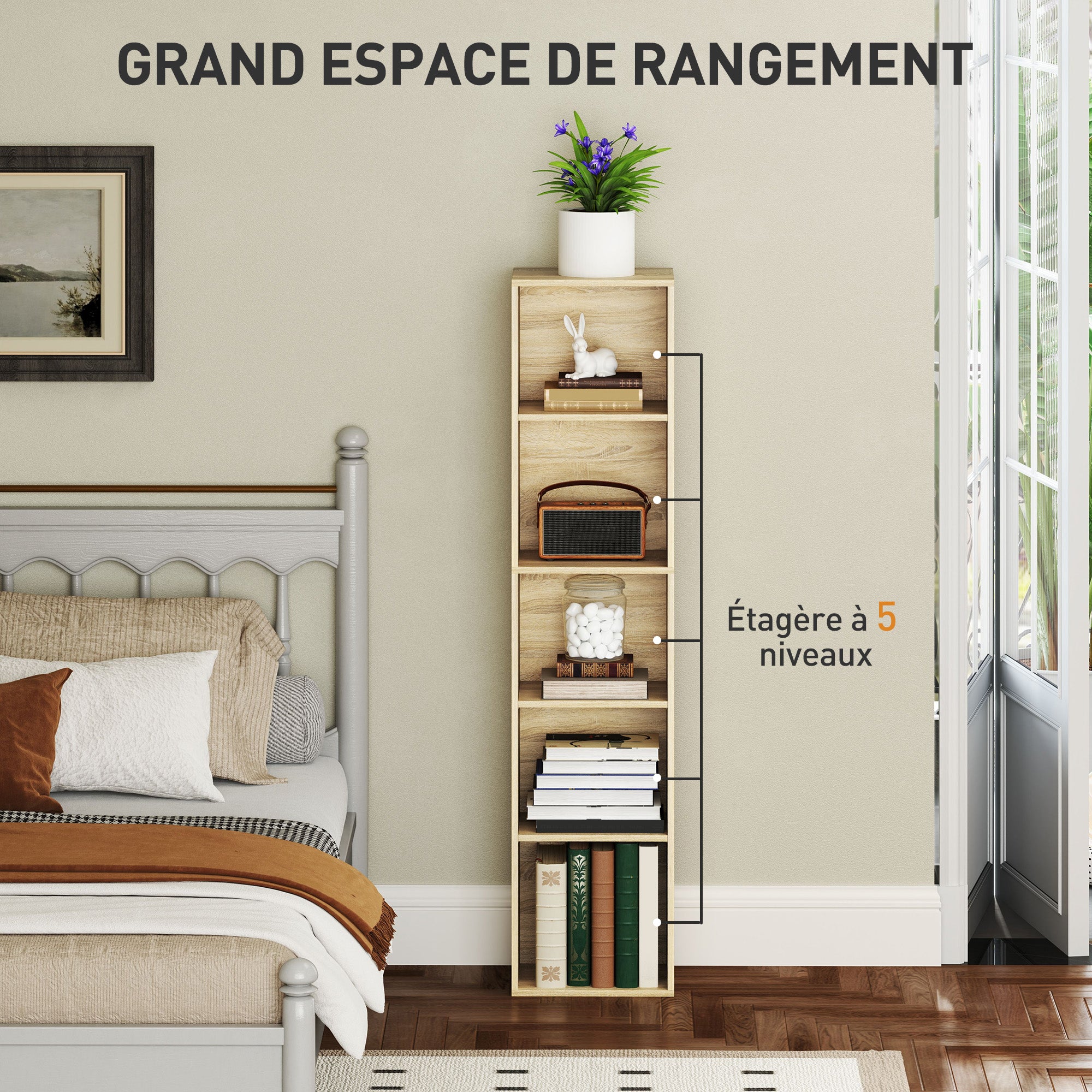 Bibliothèque, étagère de rangement 5 niveaux, meuble de rangement avec étagères réglables pour salon, chambre à coucher, bureau, 30 x 24 x 133,5 cm, bois naturel