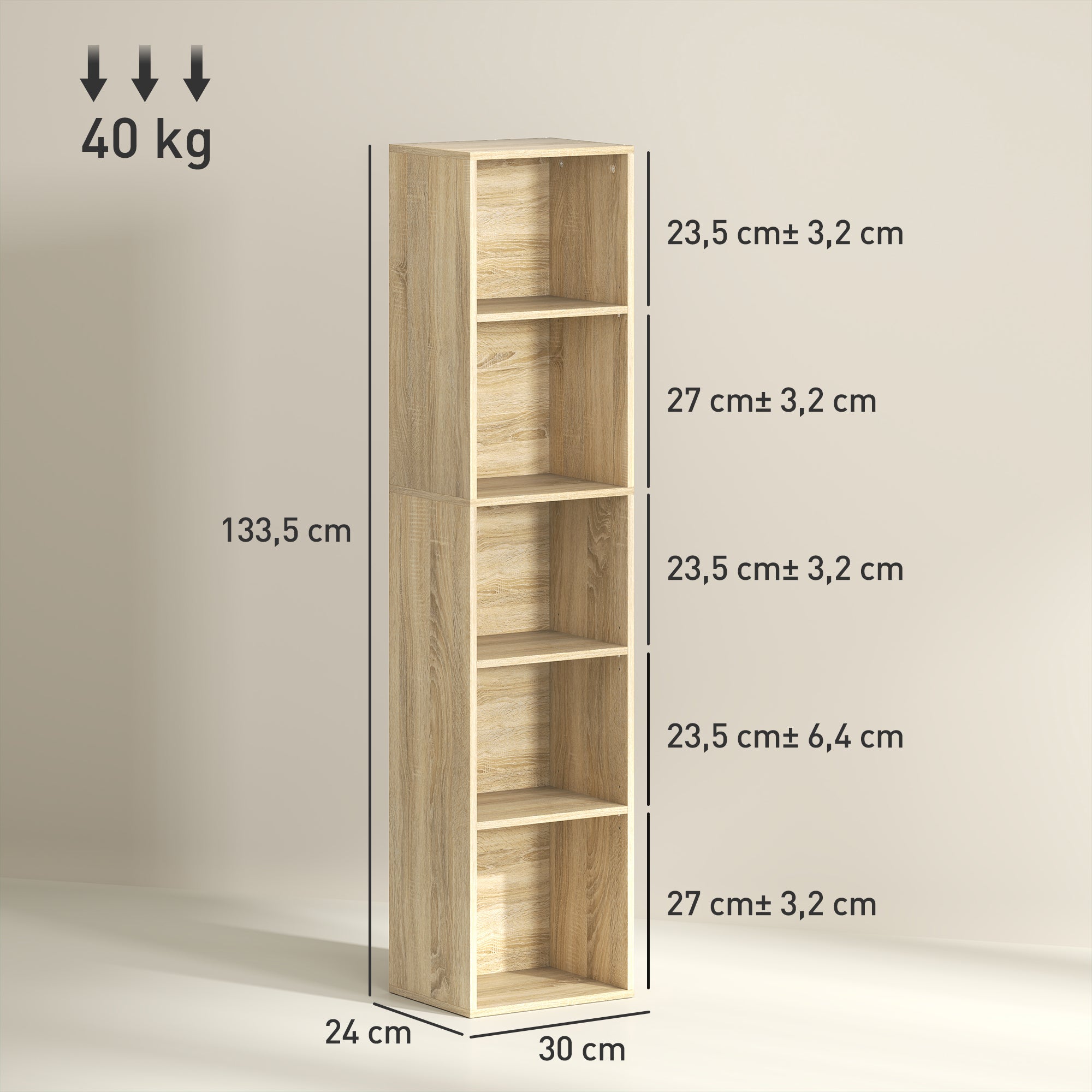 Bibliothèque, étagère de rangement 5 niveaux, meuble de rangement avec étagères réglables pour salon, chambre à coucher, bureau, 30 x 24 x 133,5 cm, bois naturel