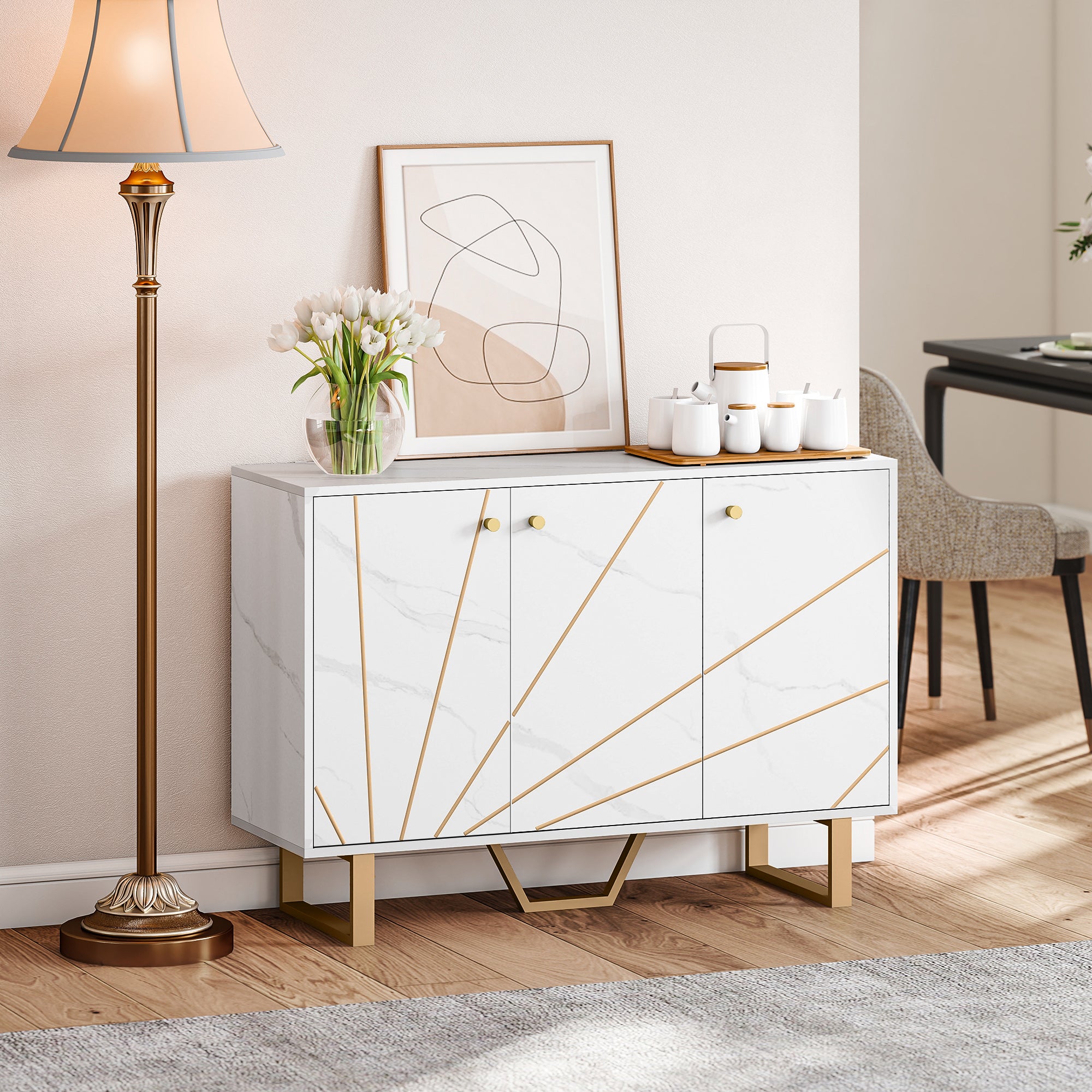 Meuble de rangement buffet salon avec 2 placards 3 portes et étagère réglable, pieds en métal - dim. 107L x 35l x 75H cm, aspect marbre blanc