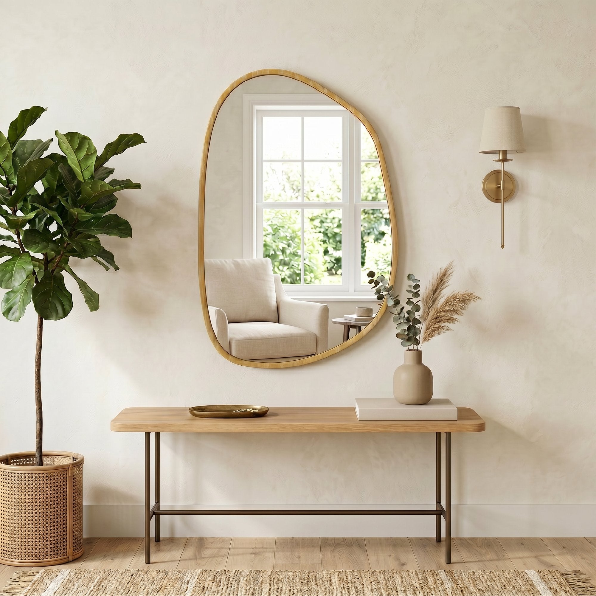 Miroir mural, miroir décoratif asymétrique 90 x 60 cm en verre trempé, pour salle de bain, chambre, salon, couloir, naturel