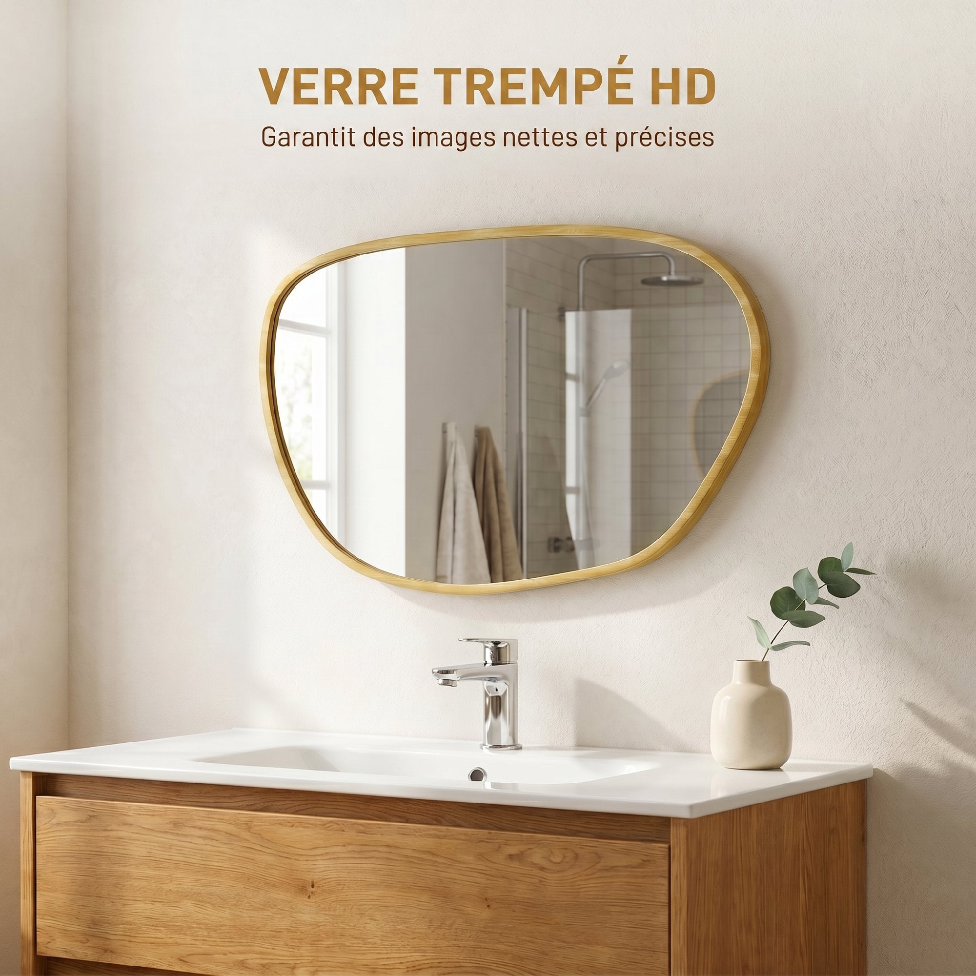 Miroir mural, miroir décoratif asymétrique 90 x 60 cm en verre trempé, pour salle de bain, chambre, salon, couloir, naturel