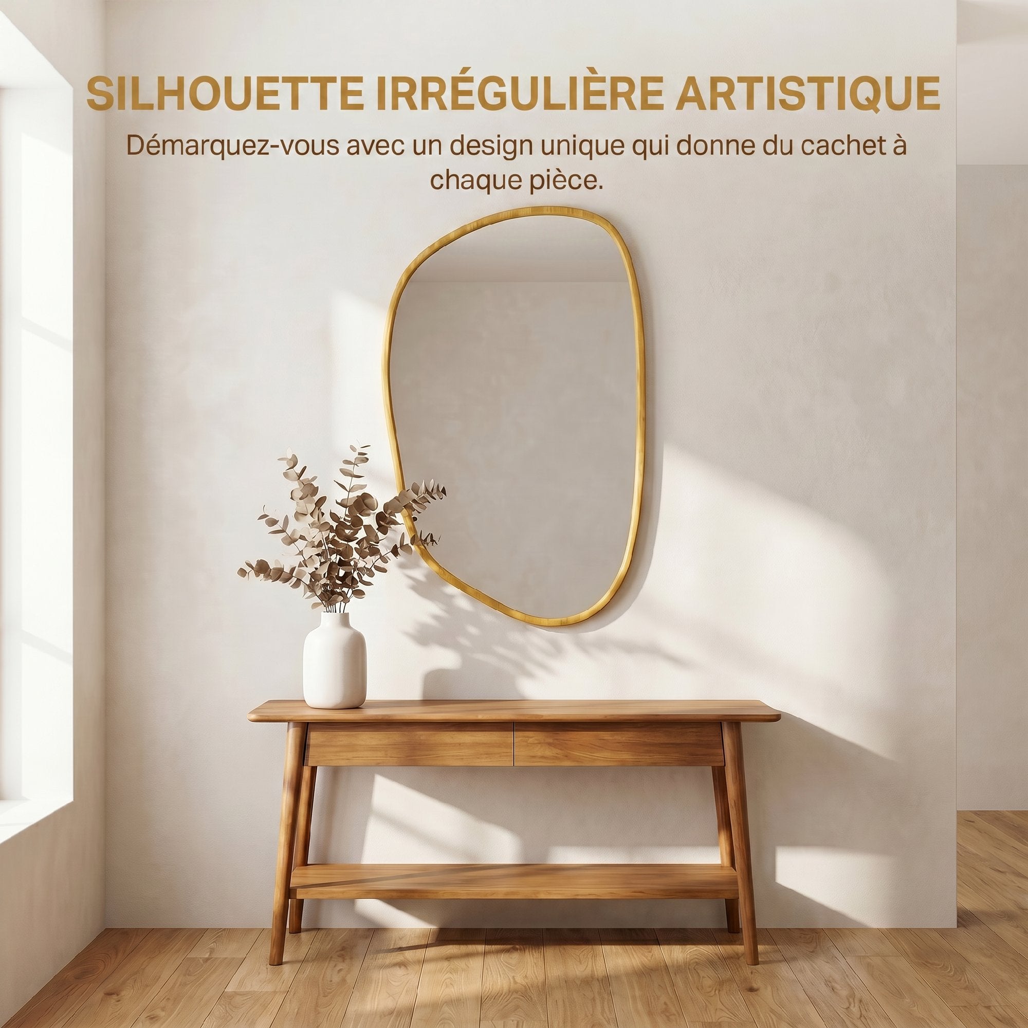 Miroir mural, miroir décoratif asymétrique 90 x 60 cm en verre trempé, pour salle de bain, chambre, salon, couloir, naturel