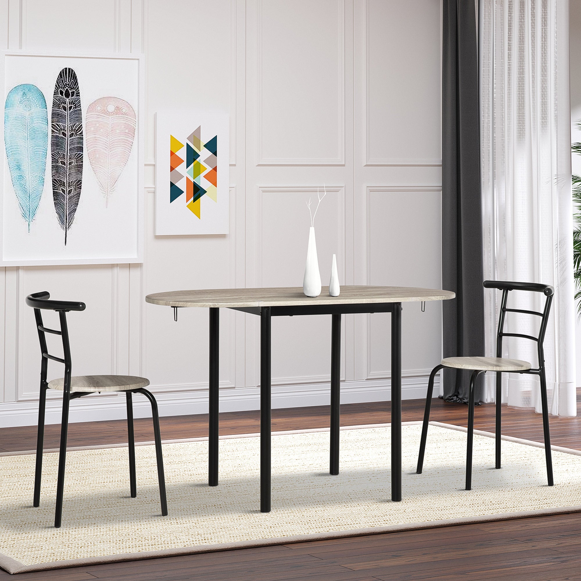 Ensemble table ovale extensible et 2 chaises - table à rabats - métal et MDF - noir et naturel