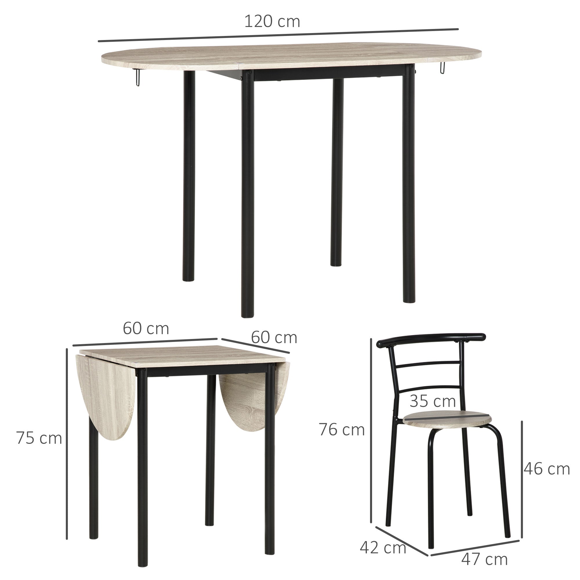 Ensemble table ovale extensible et 2 chaises - table à rabats - métal et MDF - noir et naturel
