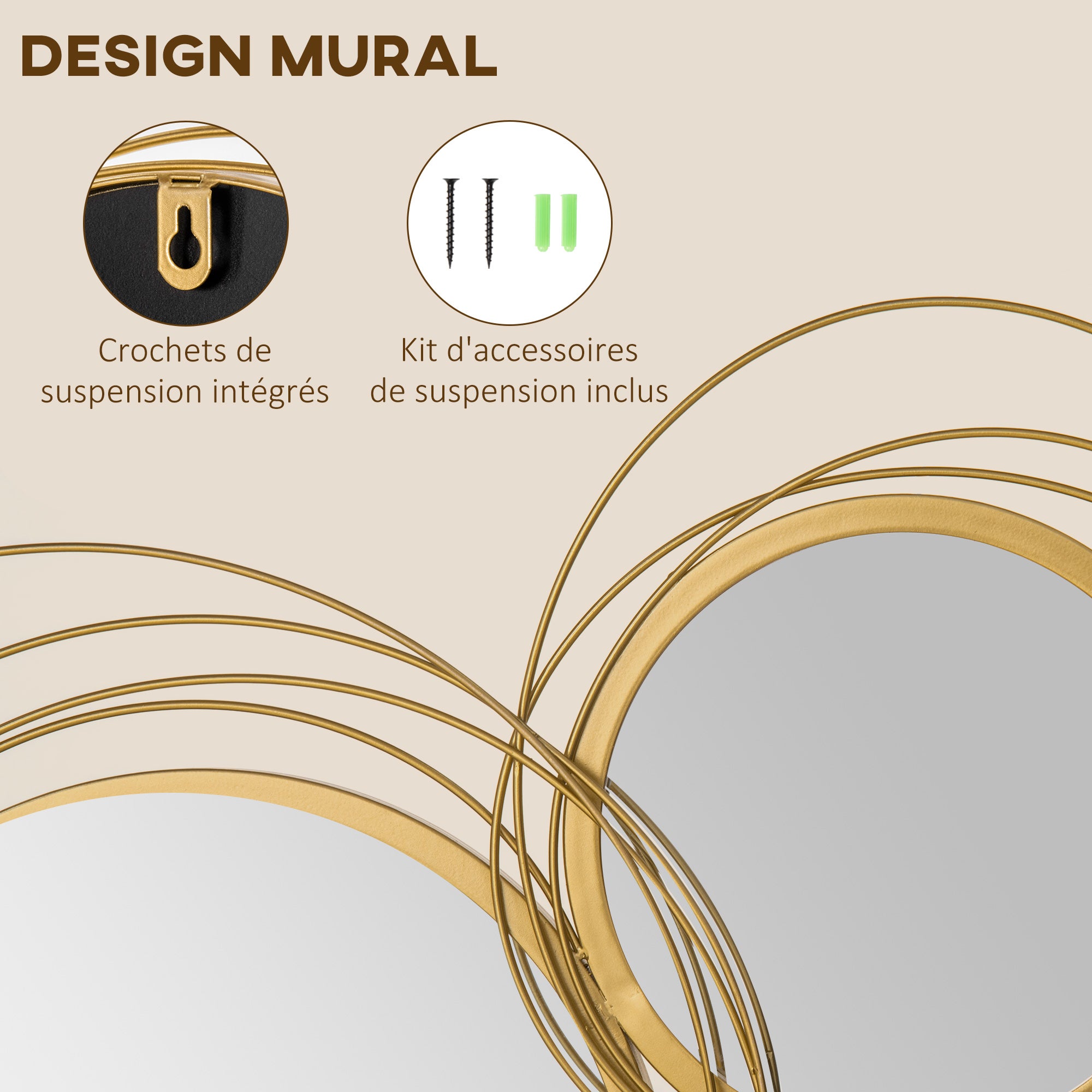 Ensemble de 4 miroirs ronds en métal dorés - 107 x 56 cm