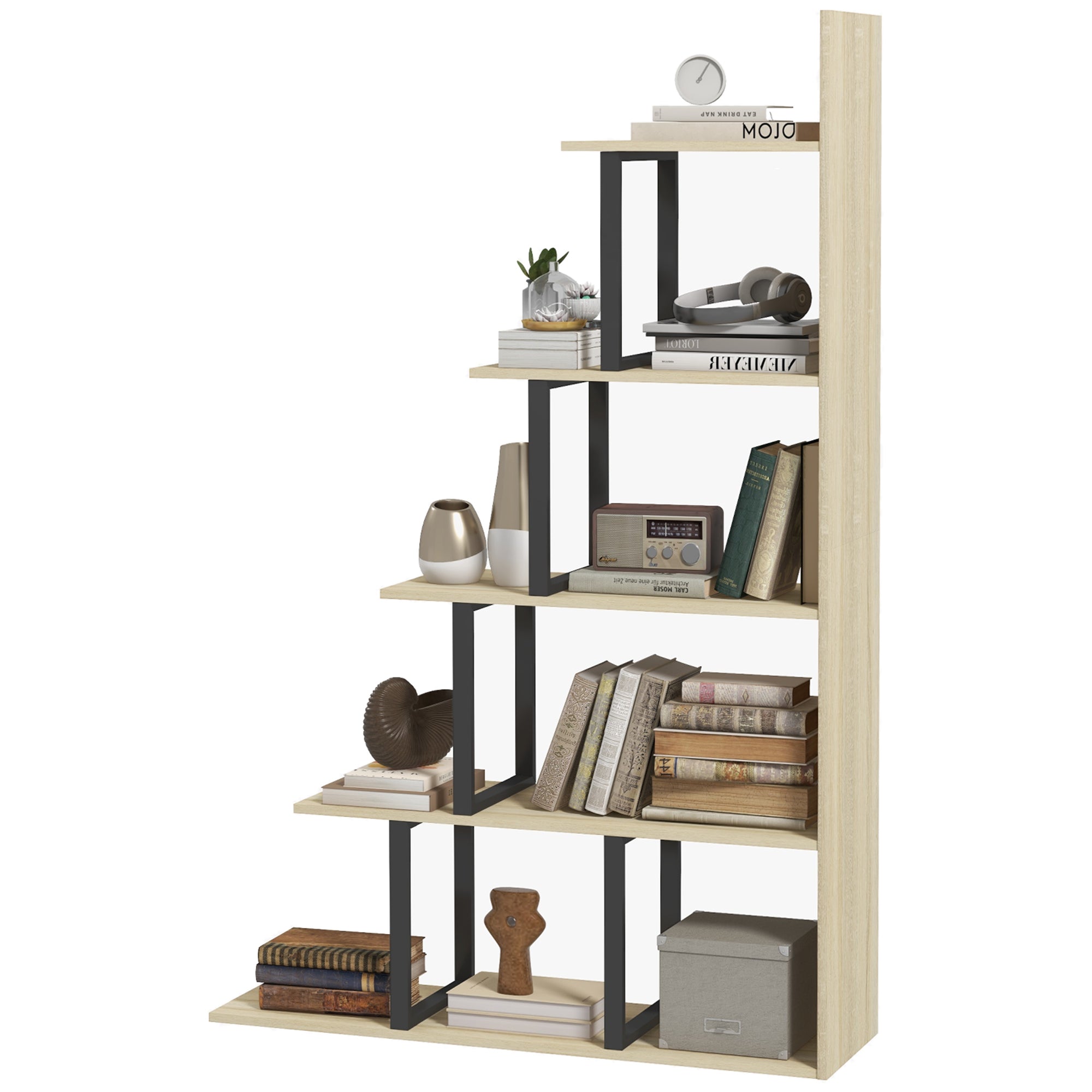 Étagère bibliothèque séparateur de pièce style industriel en escalier 5 étagères 102 x 30 x 160 cm coloris chêne
